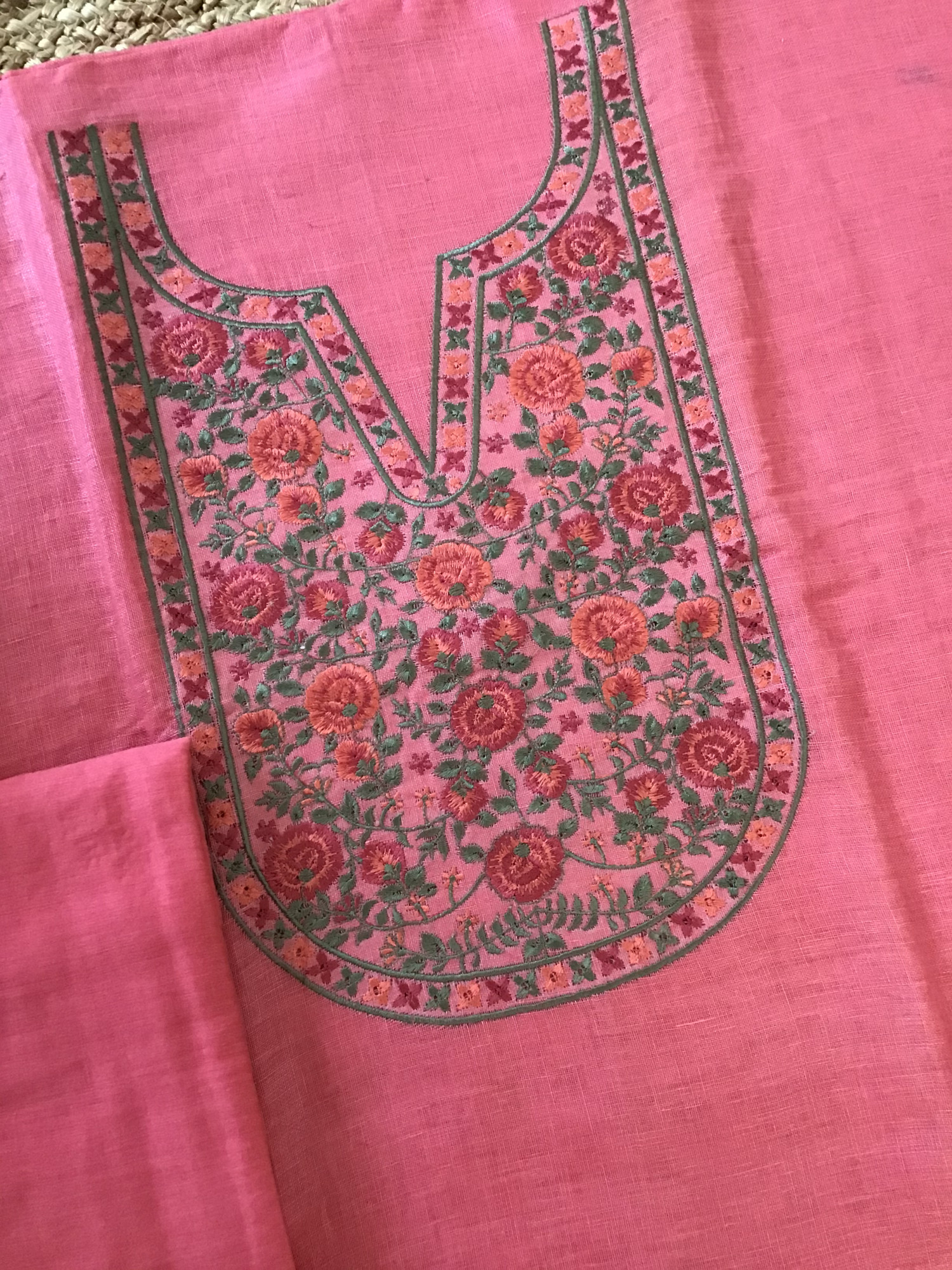 Pure Linen Jute Cotton Embroidered Suit - Pink