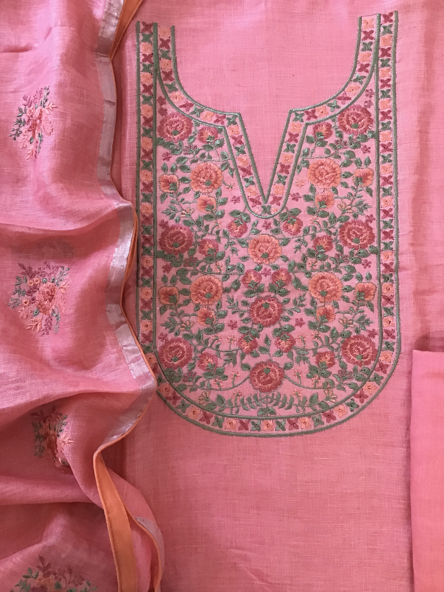 Pure Linen Jute Cotton Embroidered Suit - Pink