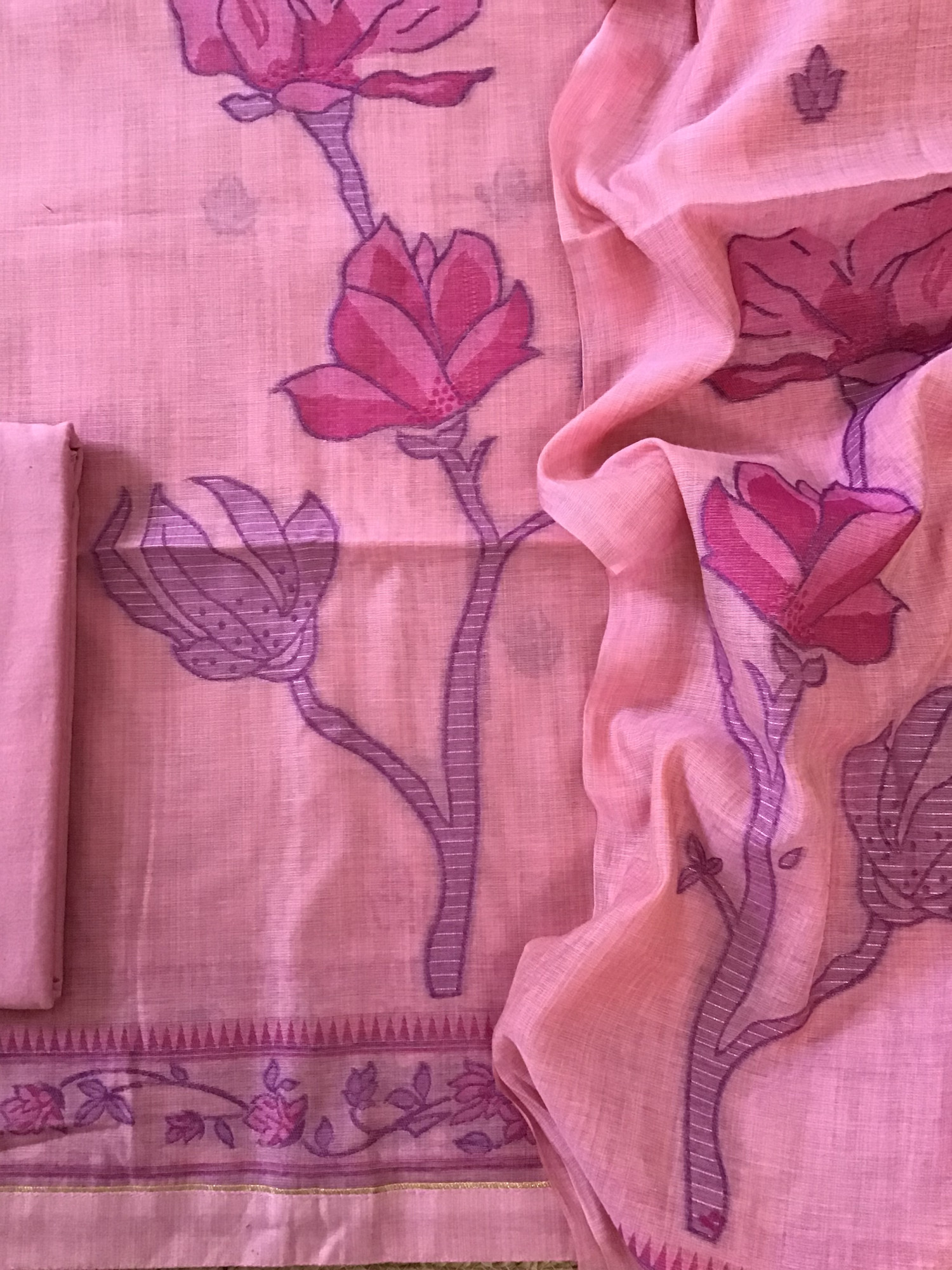 Soft Slub Chanderi Jamdani Weaved Suit - Pink