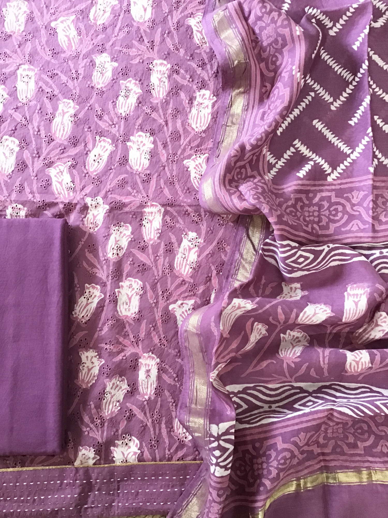 Pure Cotton Printed Embroidered Suit - Purple