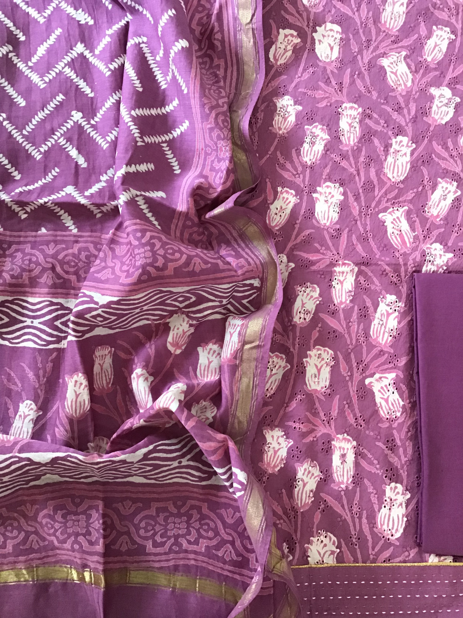 Pure Cotton Printed Embroidered Suit - Purple