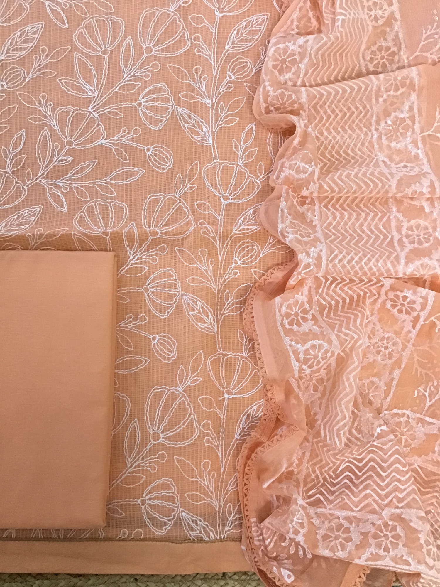 Pure Kota Cotton Embroidered Suit - Peach
