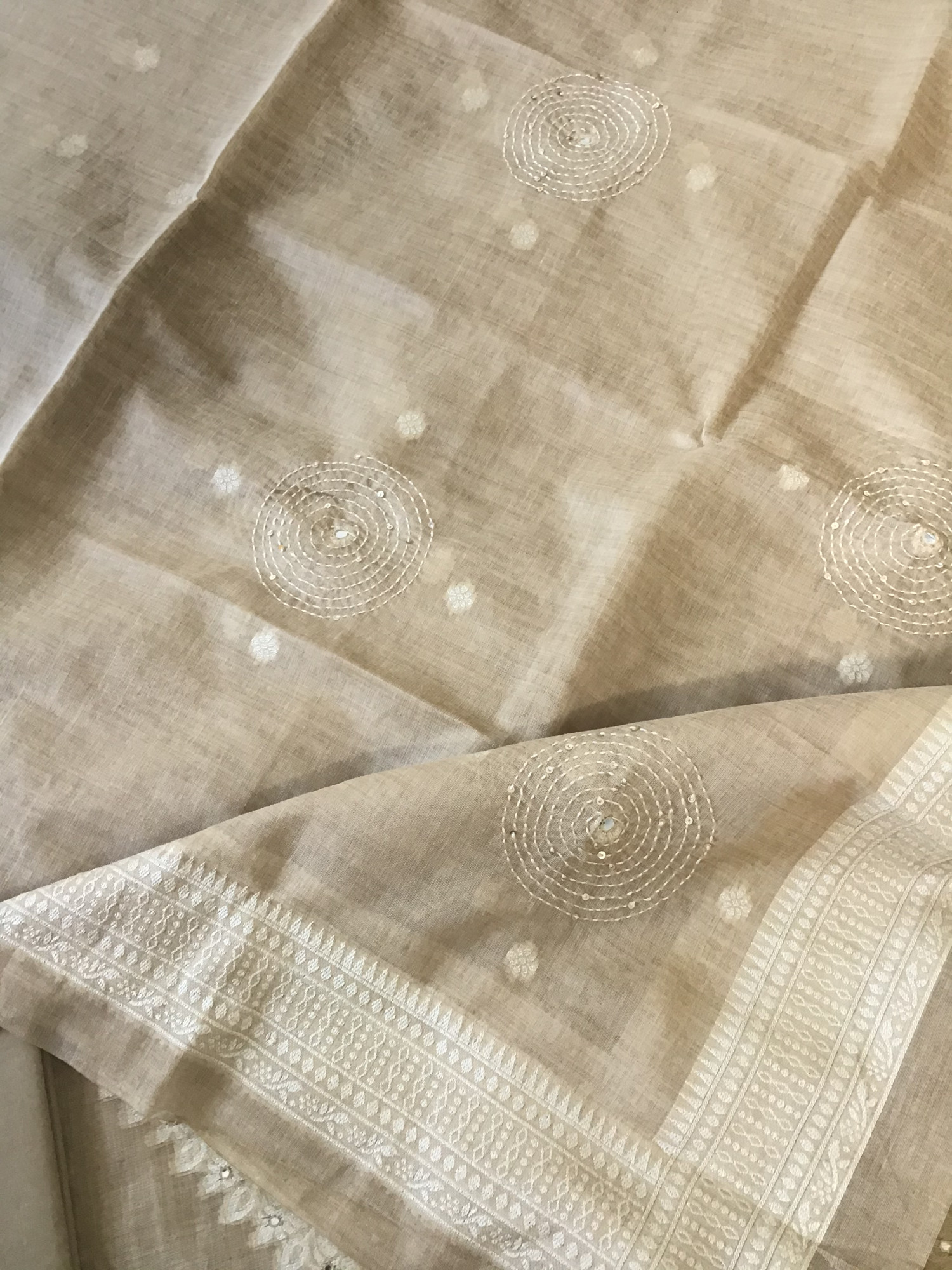 Soft Slub Chanderi Jamdani Weaved Embroidered Suit - Beige