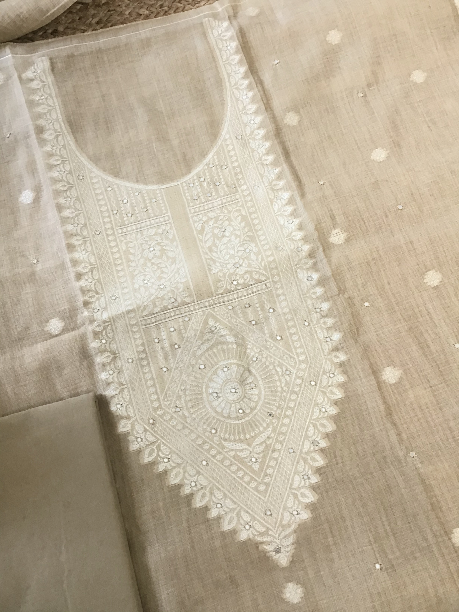 Soft Slub Chanderi Jamdani Weaved Embroidered Suit - Beige