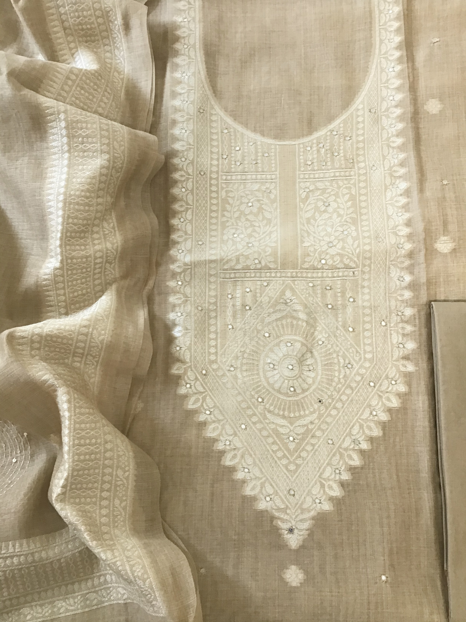 Soft Slub Chanderi Jamdani Weaved Embroidered Suit - Beige