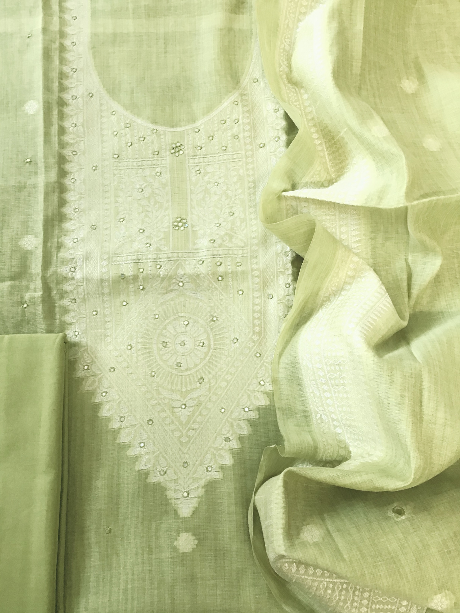 Soft Slub Chanderi Jamdani Weaved Embroidered Suit - Green