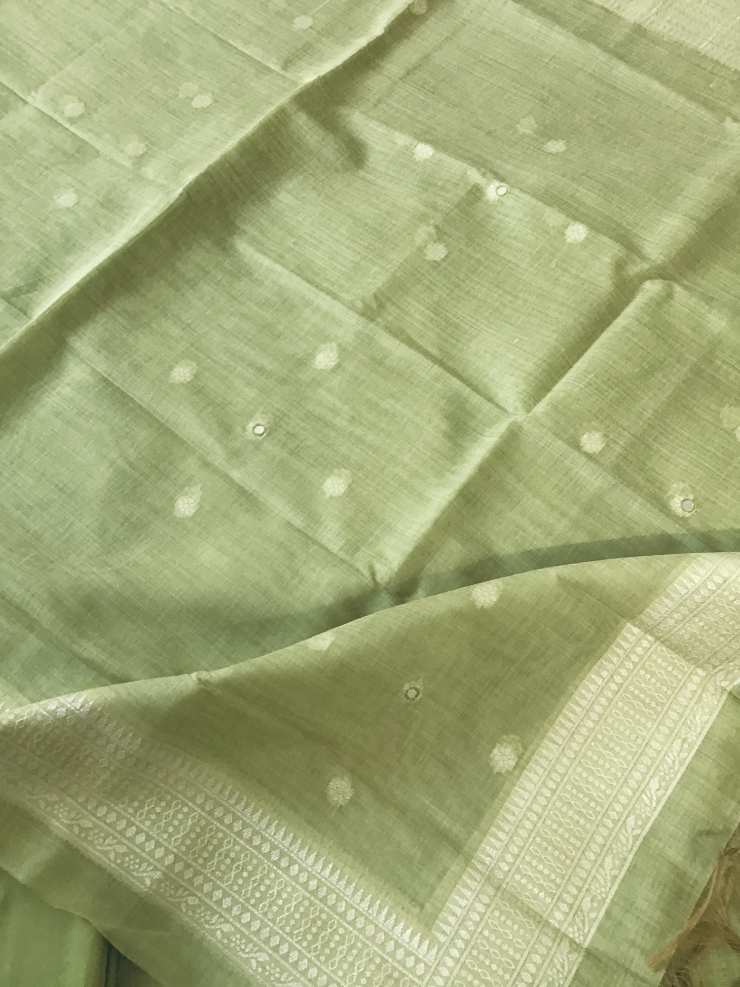 Soft Slub Chanderi Jamdani Weaved Embroidered Suit - Green