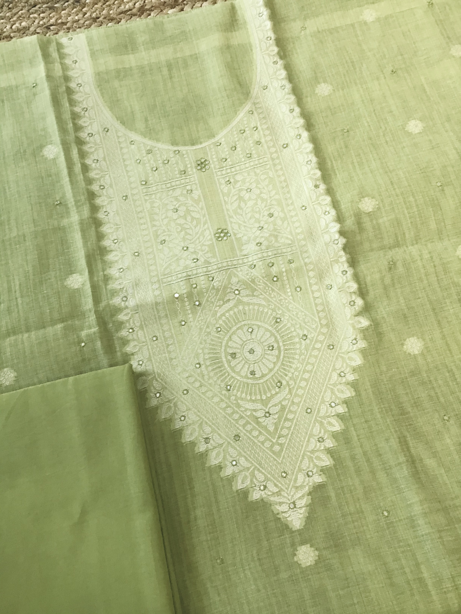 Soft Slub Chanderi Jamdani Weaved Embroidered Suit - Green