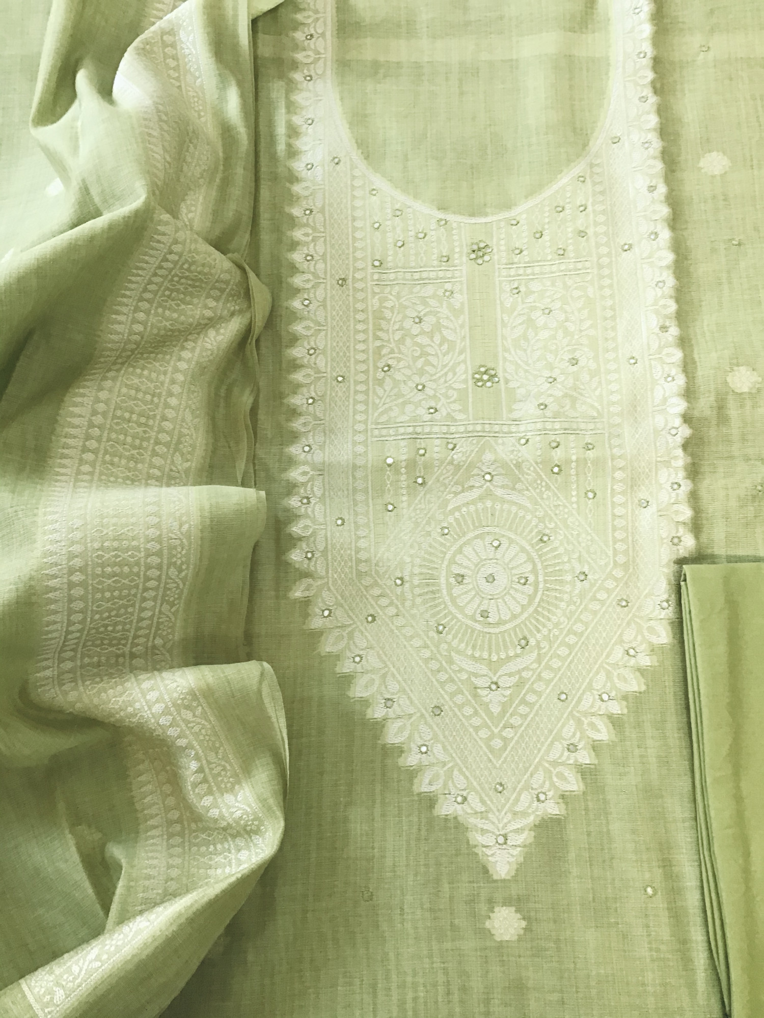 Soft Slub Chanderi Jamdani Weaved Embroidered Suit - Green