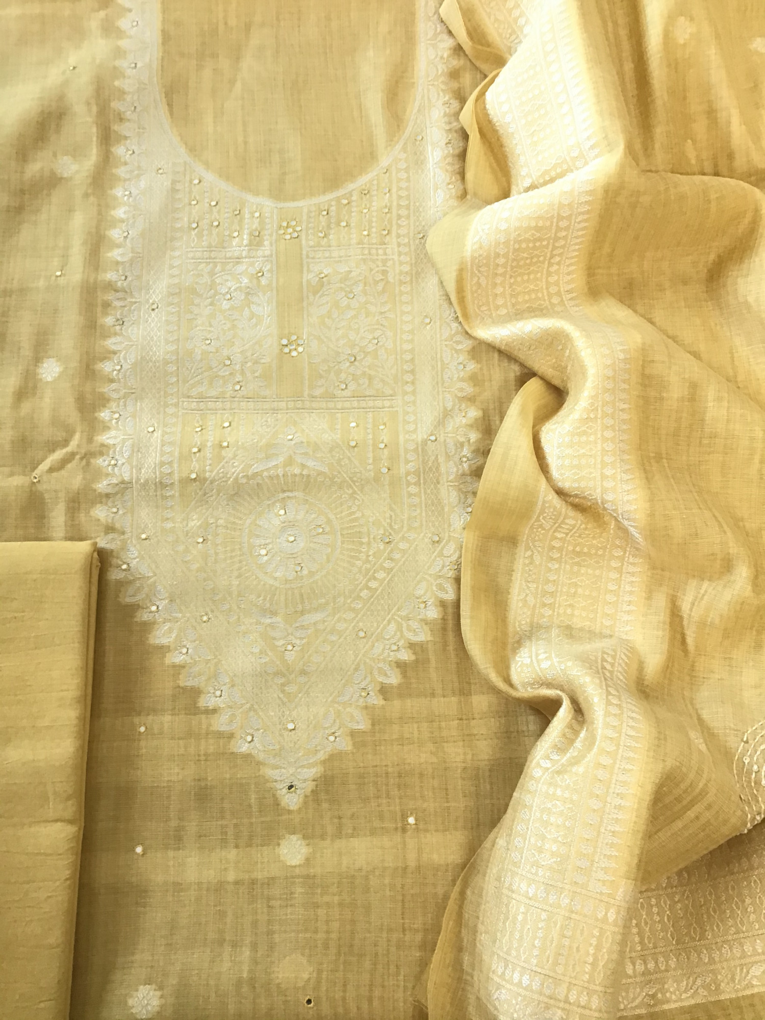 Soft Slub Chanderi Jamdani Weaved Embroidered Suit - Yellow