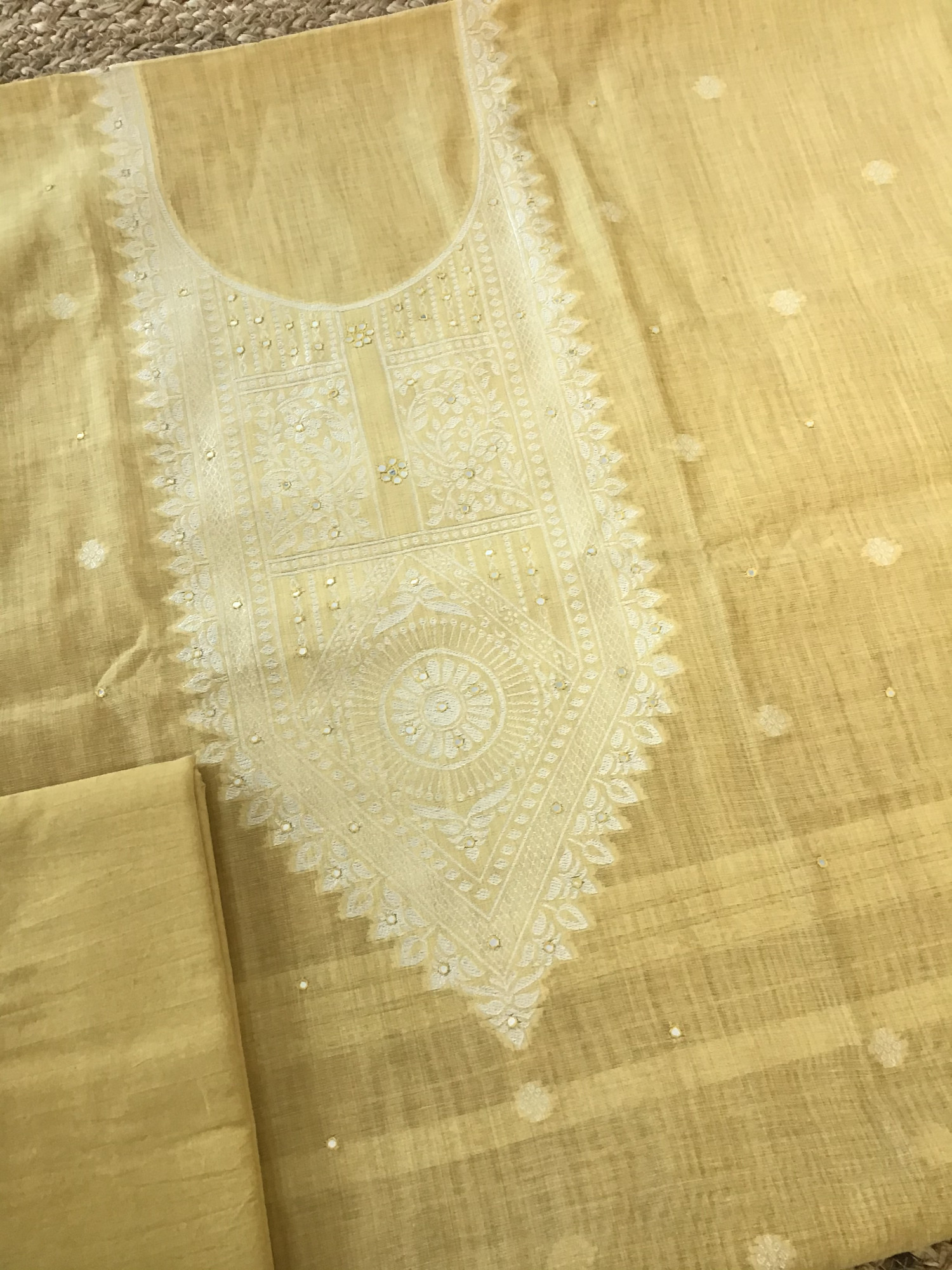 Soft Slub Chanderi Jamdani Weaved Embroidered Suit - Yellow