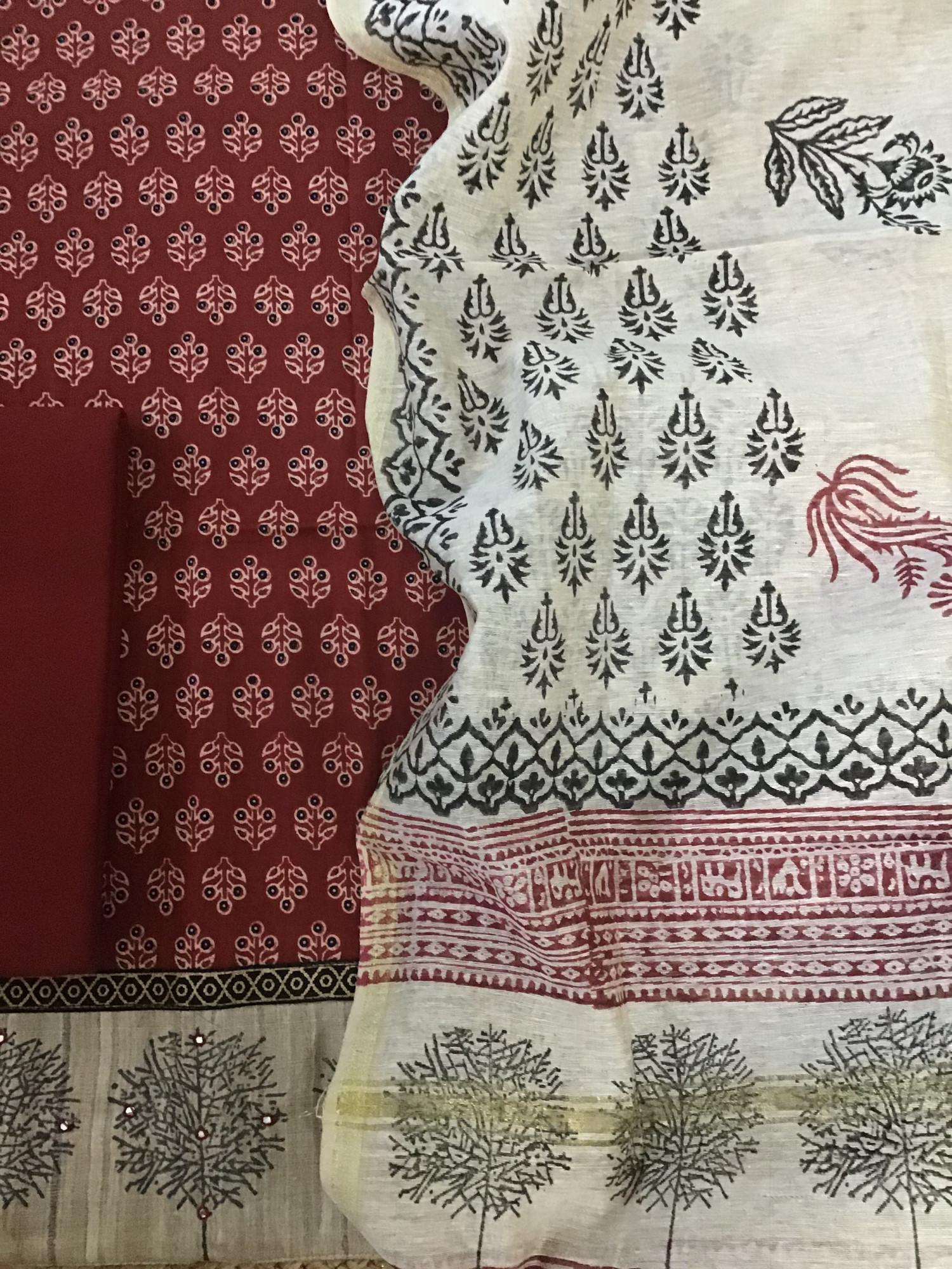 Pure Cotton Printed Embroidered Suit - Red