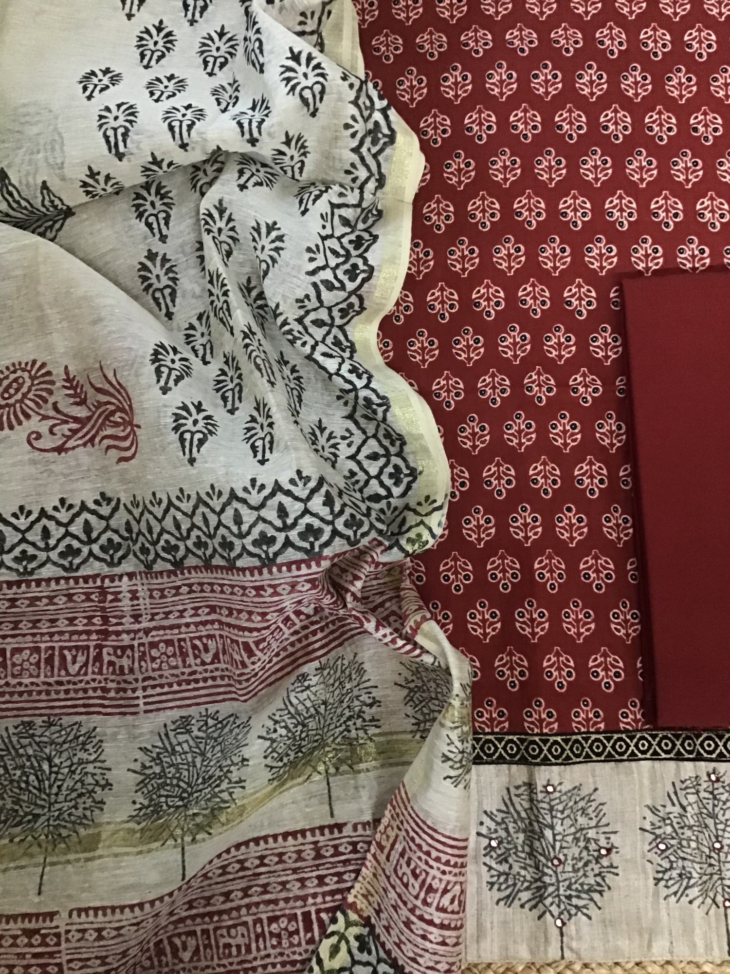 Pure Cotton Printed Embroidered Suit - Red