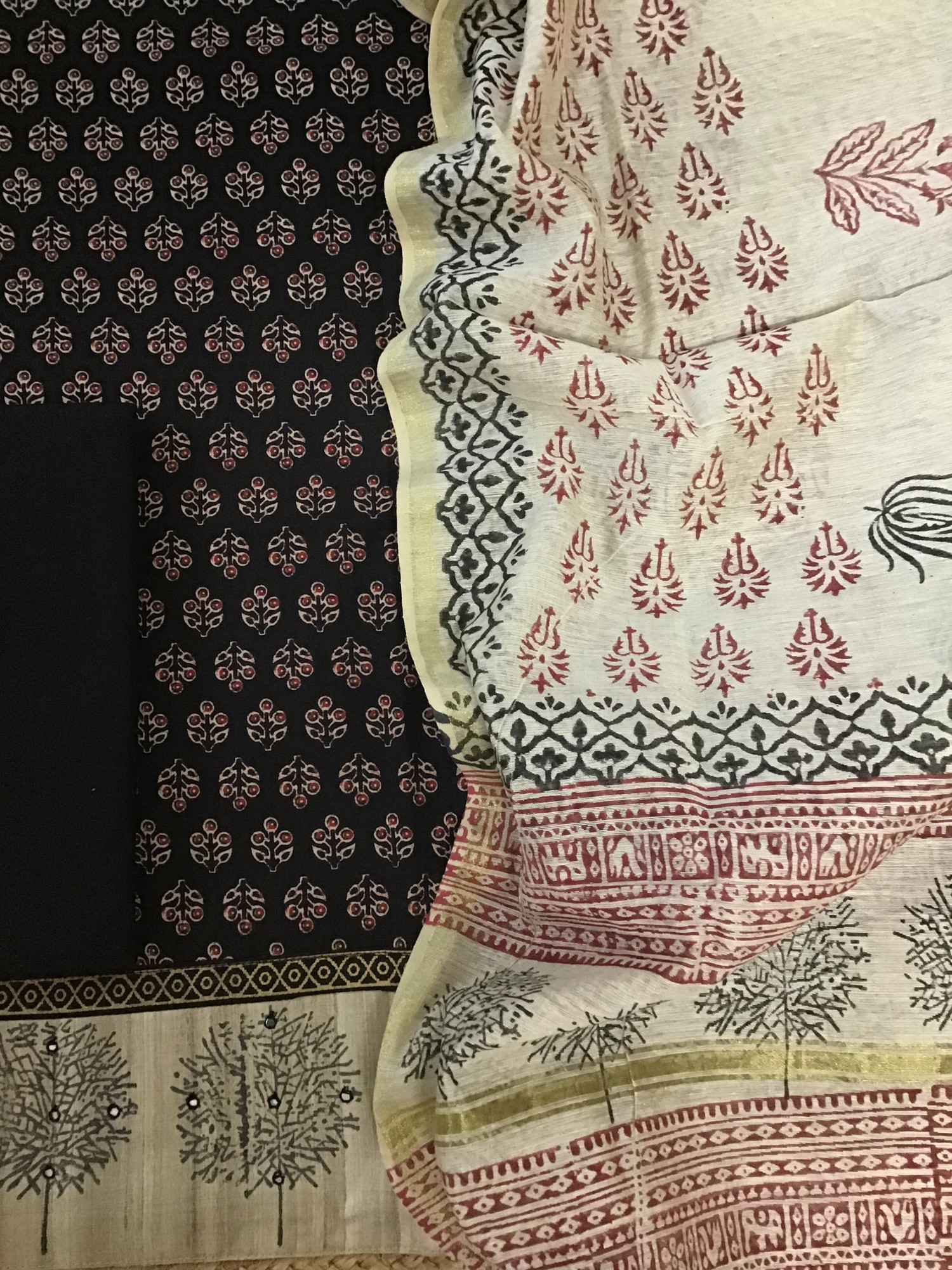 Pure Cotton Printed Embroidered Suit - Black