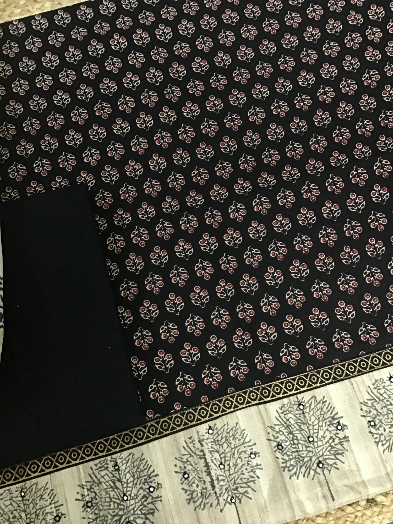 Pure Cotton Printed Embroidered Suit - Black