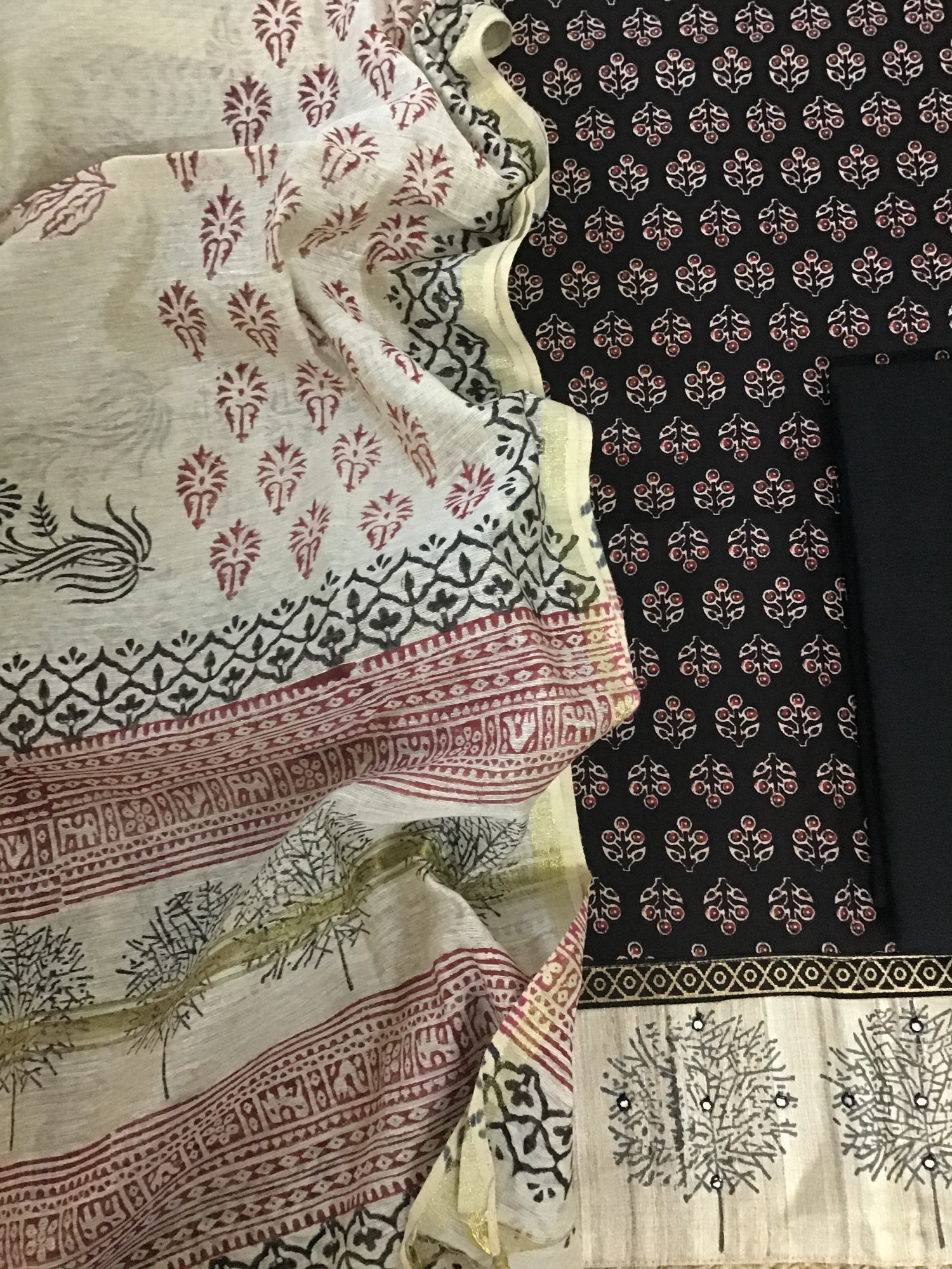 Pure Cotton Printed Embroidered Suit - Black