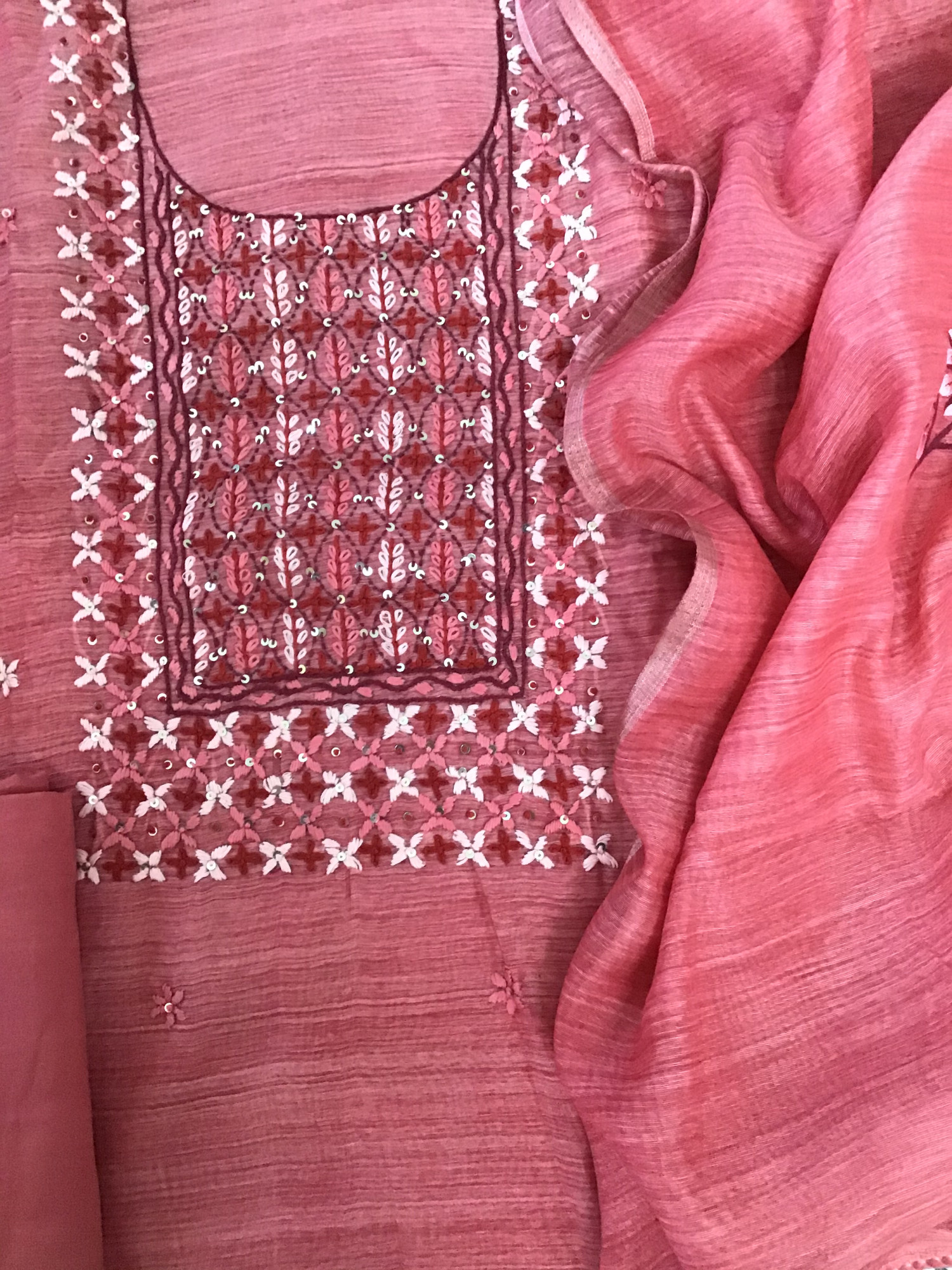 Pure Linen Tissue Chanderi Embroidered Suit - Pink