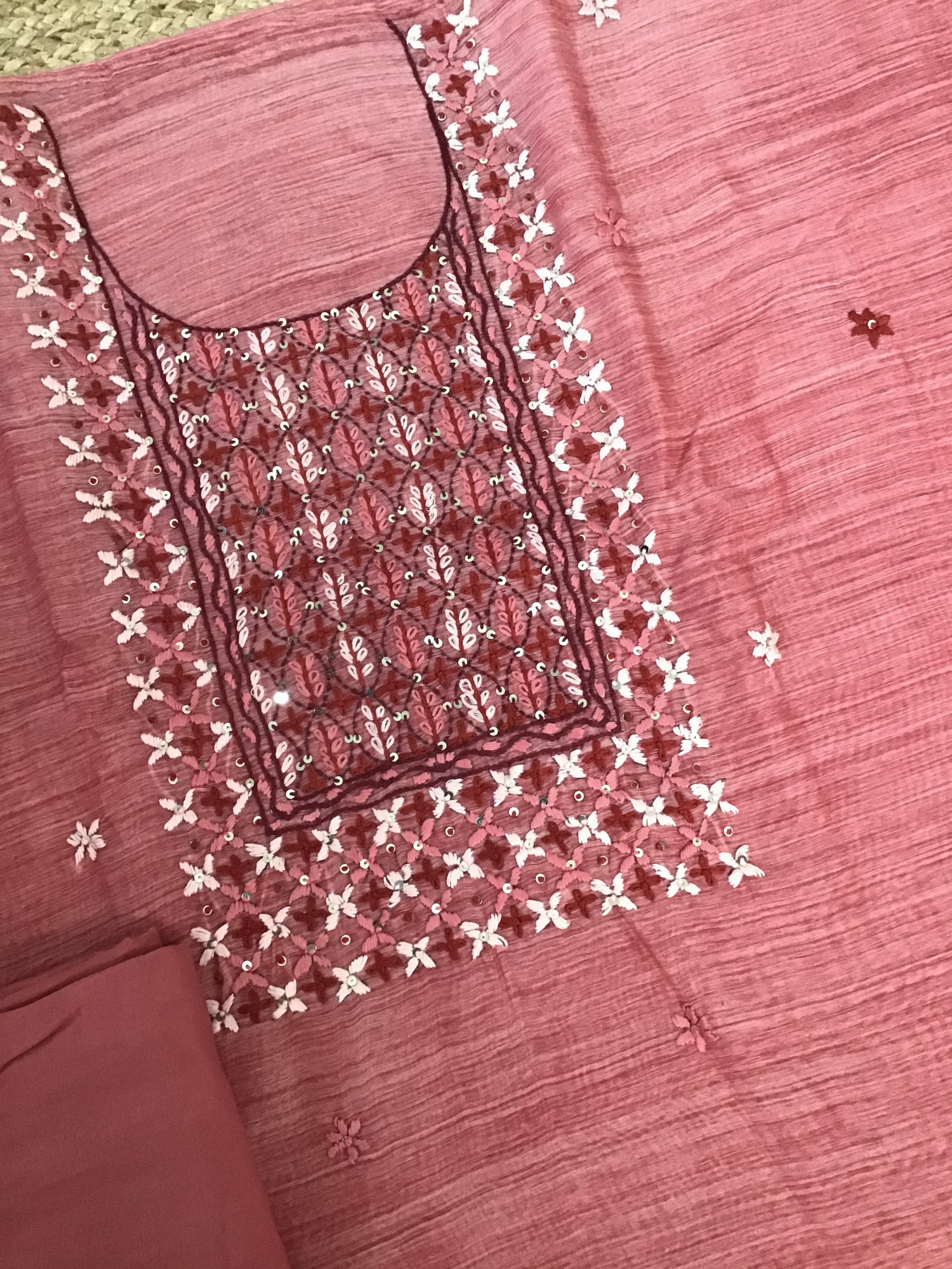Pure Linen Tissue Chanderi Embroidered Suit - Pink