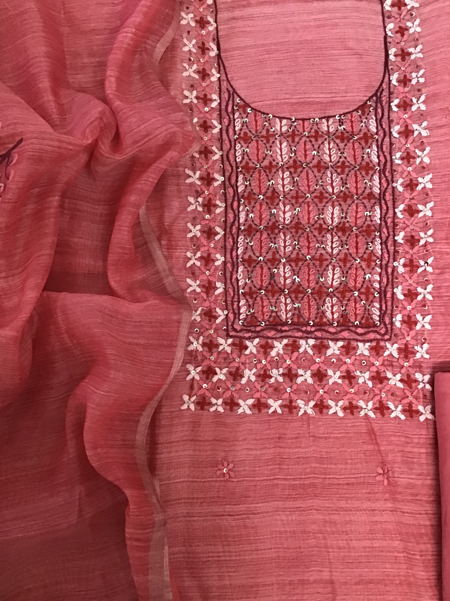 Pure Linen Tissue Chanderi Embroidered Suit - Pink