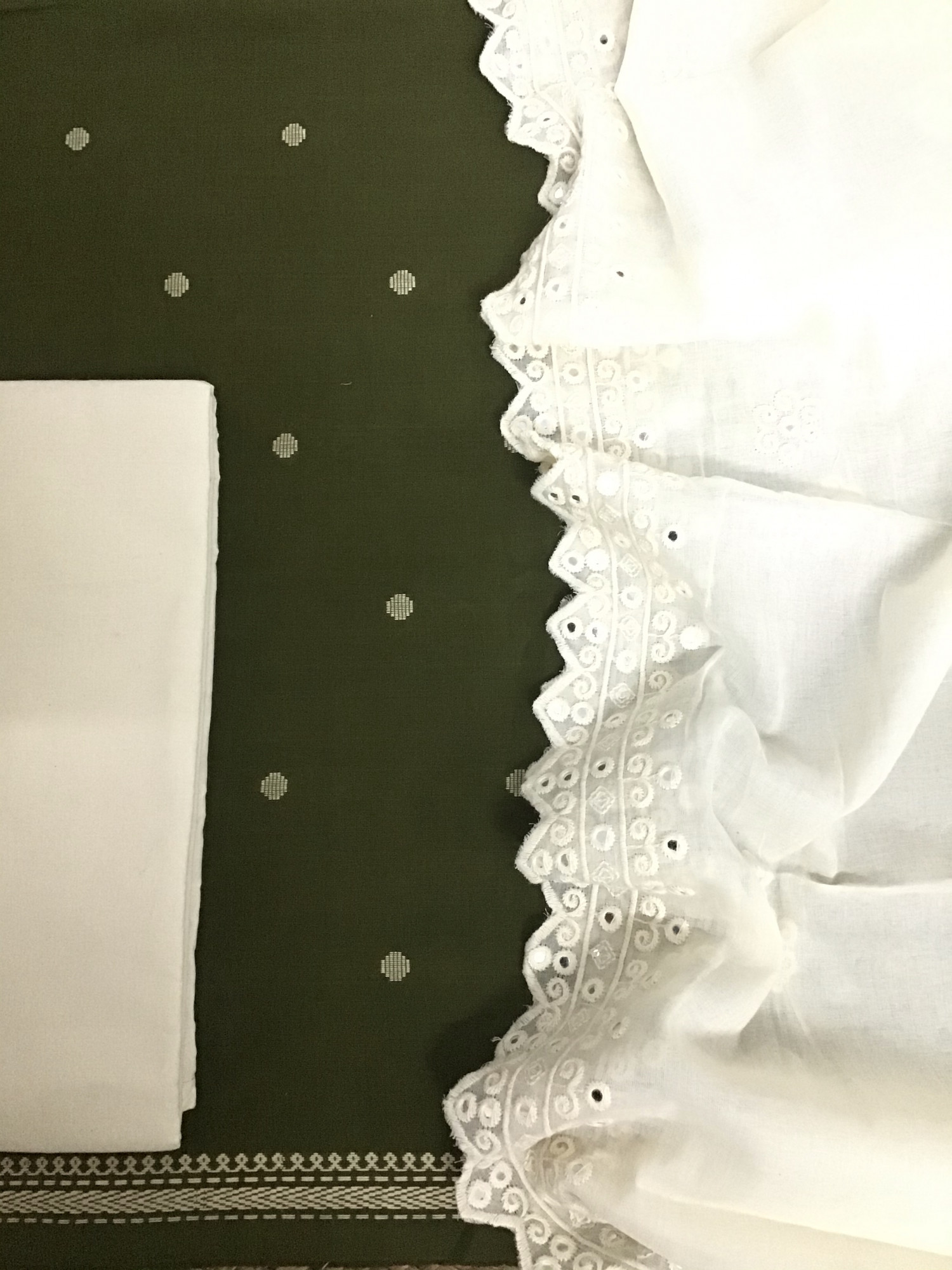 Pure Handloom Cotton Self Weaved Suit - Green