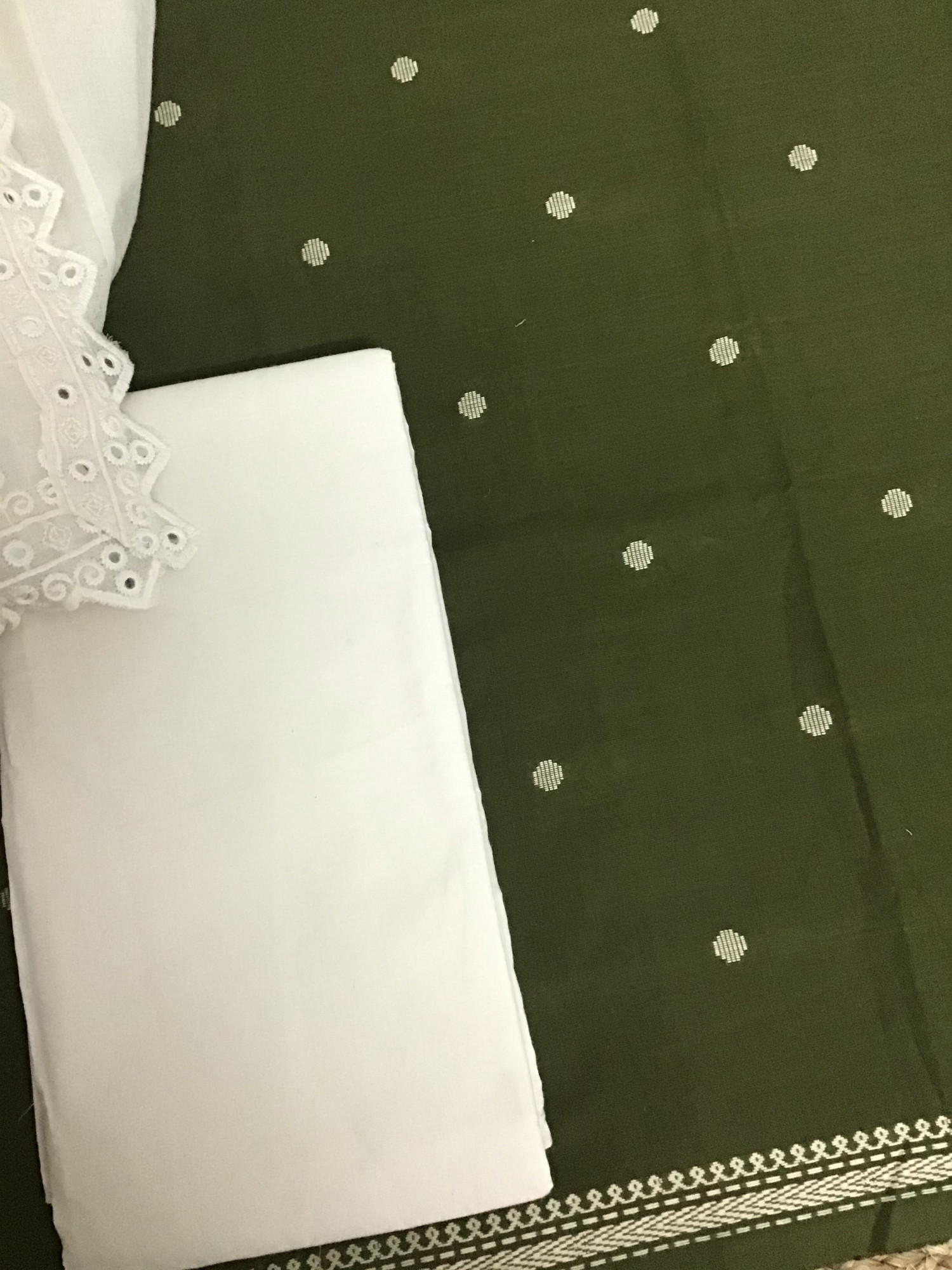 Pure Handloom Cotton Self Weaved Suit - Green