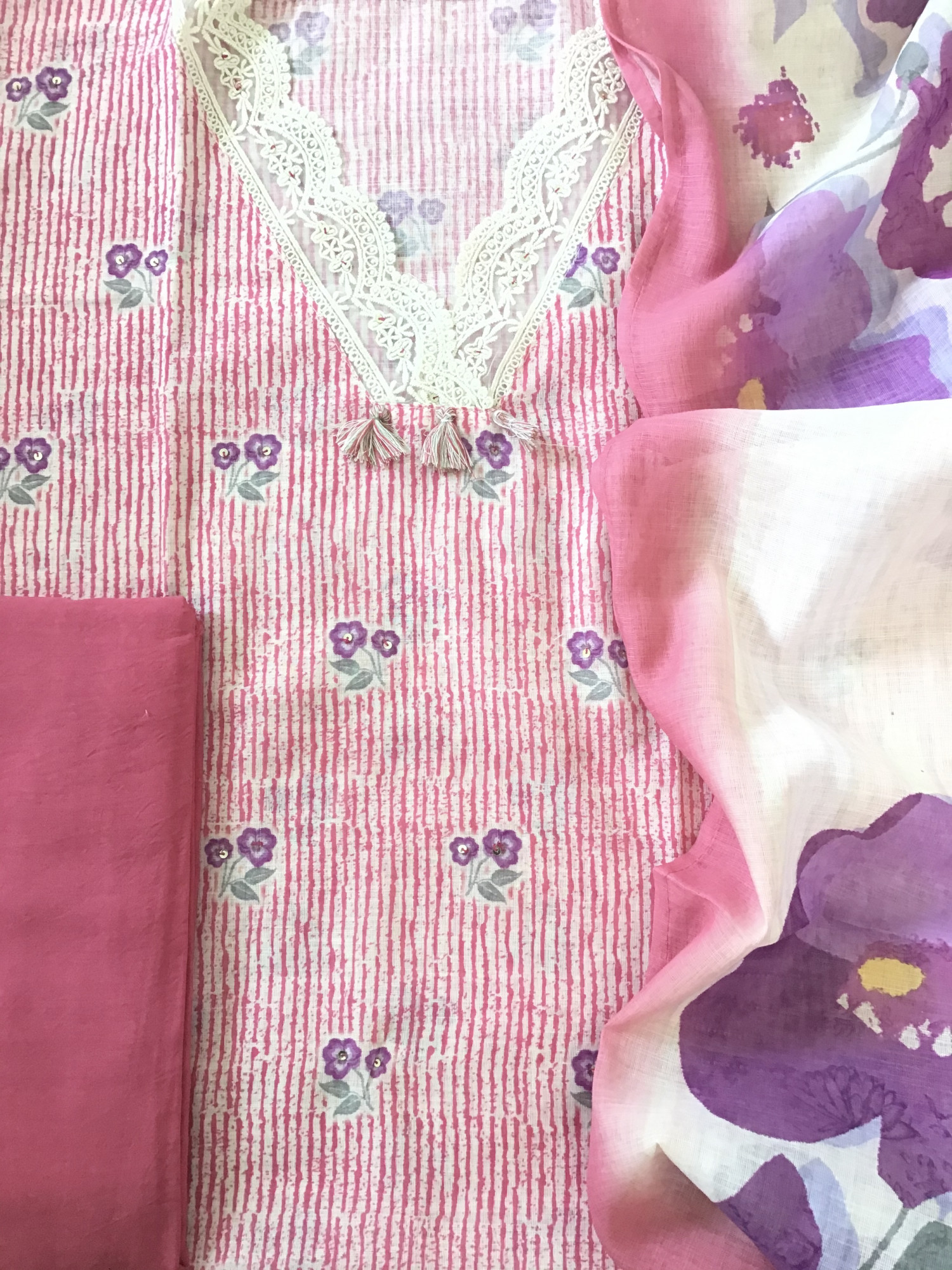 Soft Semi Linen Jute Cotton Printed Embroidered Suit - Pink