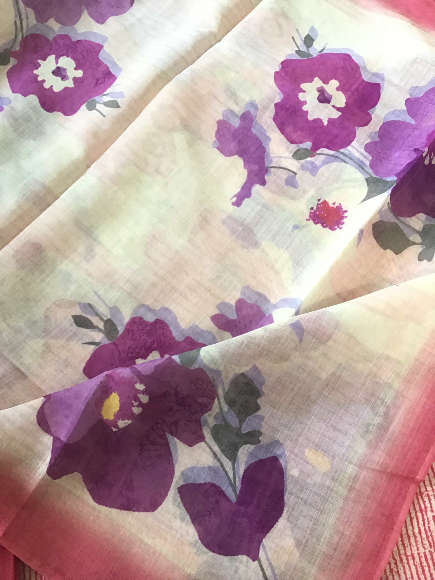 Soft Semi Linen Jute Cotton Printed Embroidered Suit - Pink