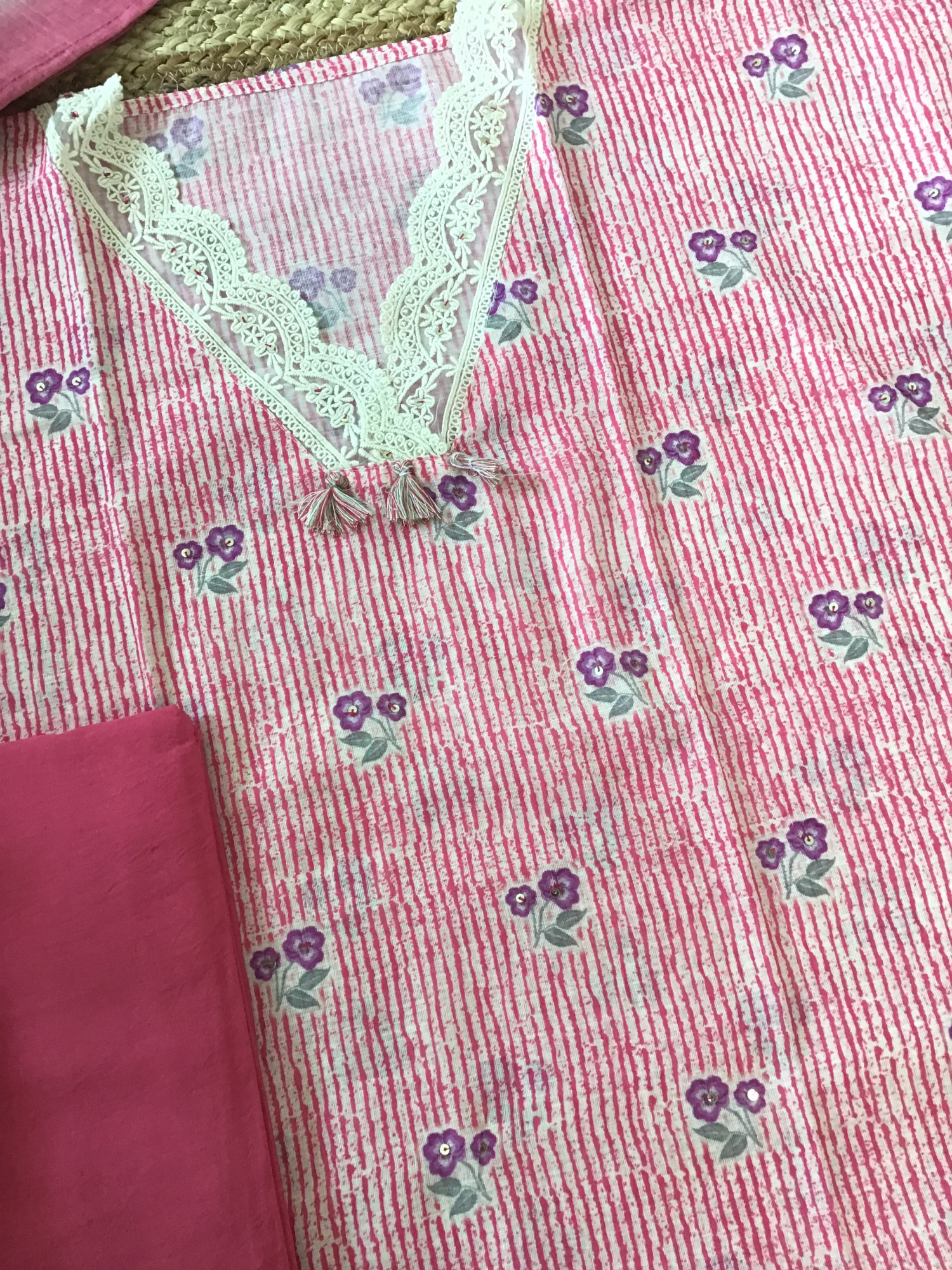 Soft Semi Linen Jute Cotton Printed Embroidered Suit - Pink