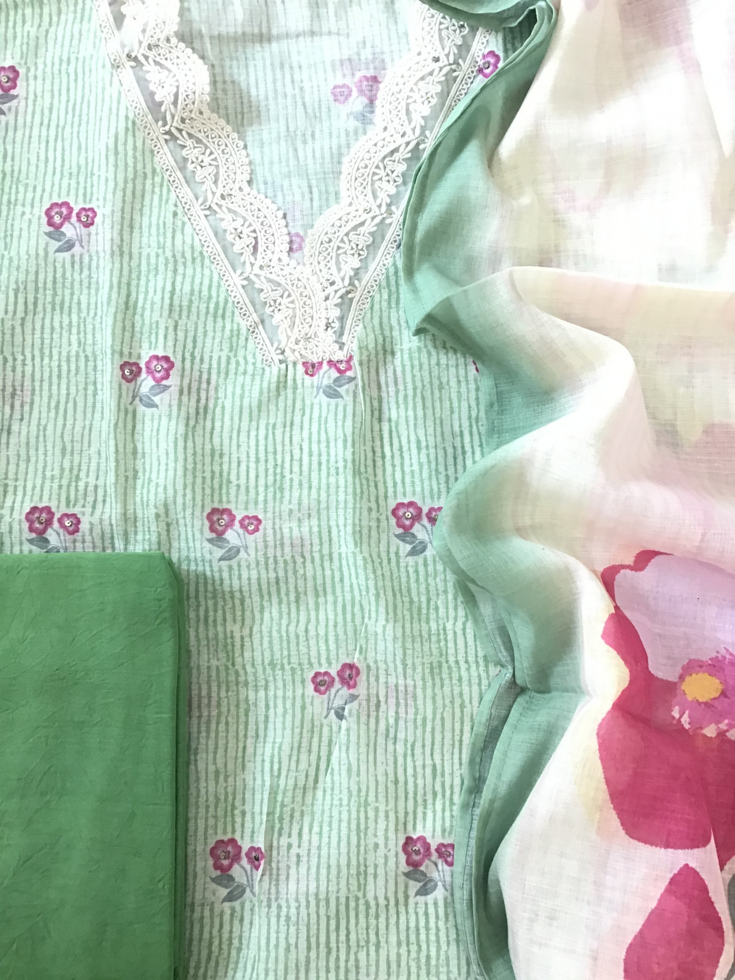 Soft Semi Linen Jute Cotton Printed Embroidered Suit - Green