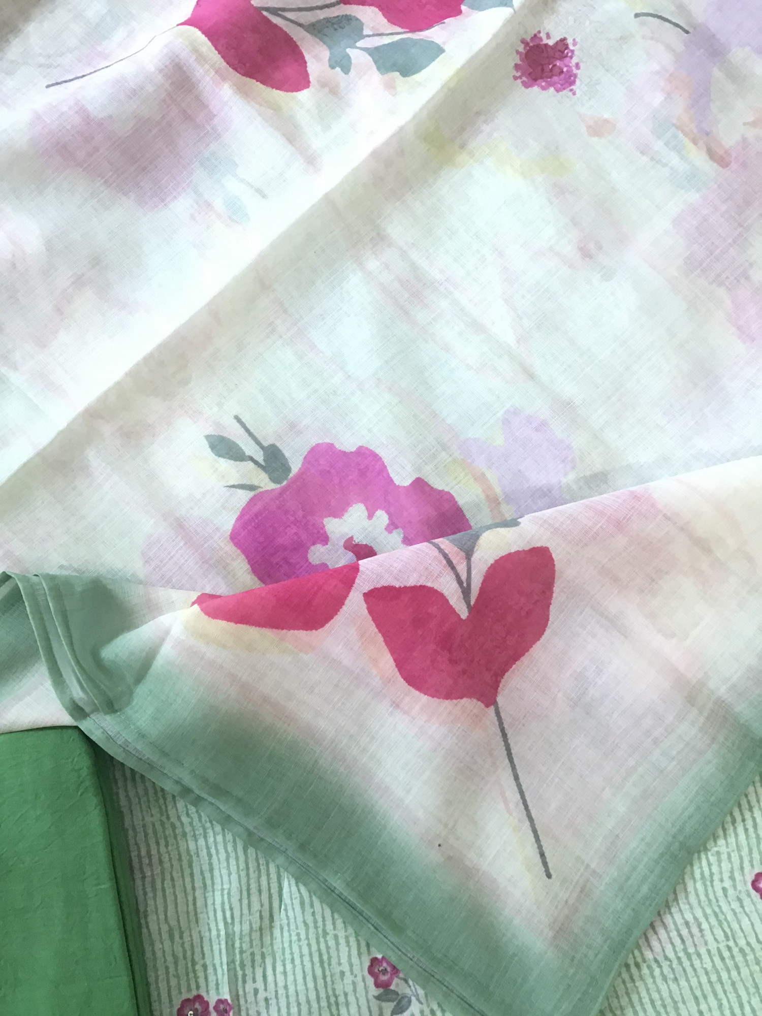 Soft Semi Linen Jute Cotton Printed Embroidered Suit - Green