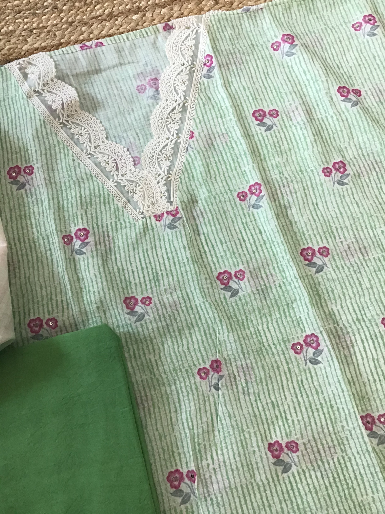 Soft Semi Linen Jute Cotton Printed Embroidered Suit - Green