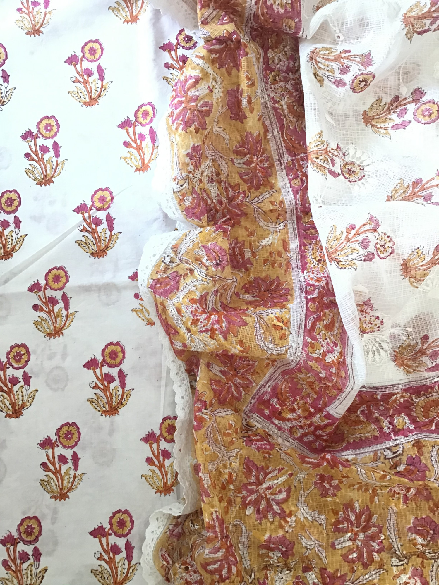 Pure Cotton Printed Embroidered Suit - WhiteYellow