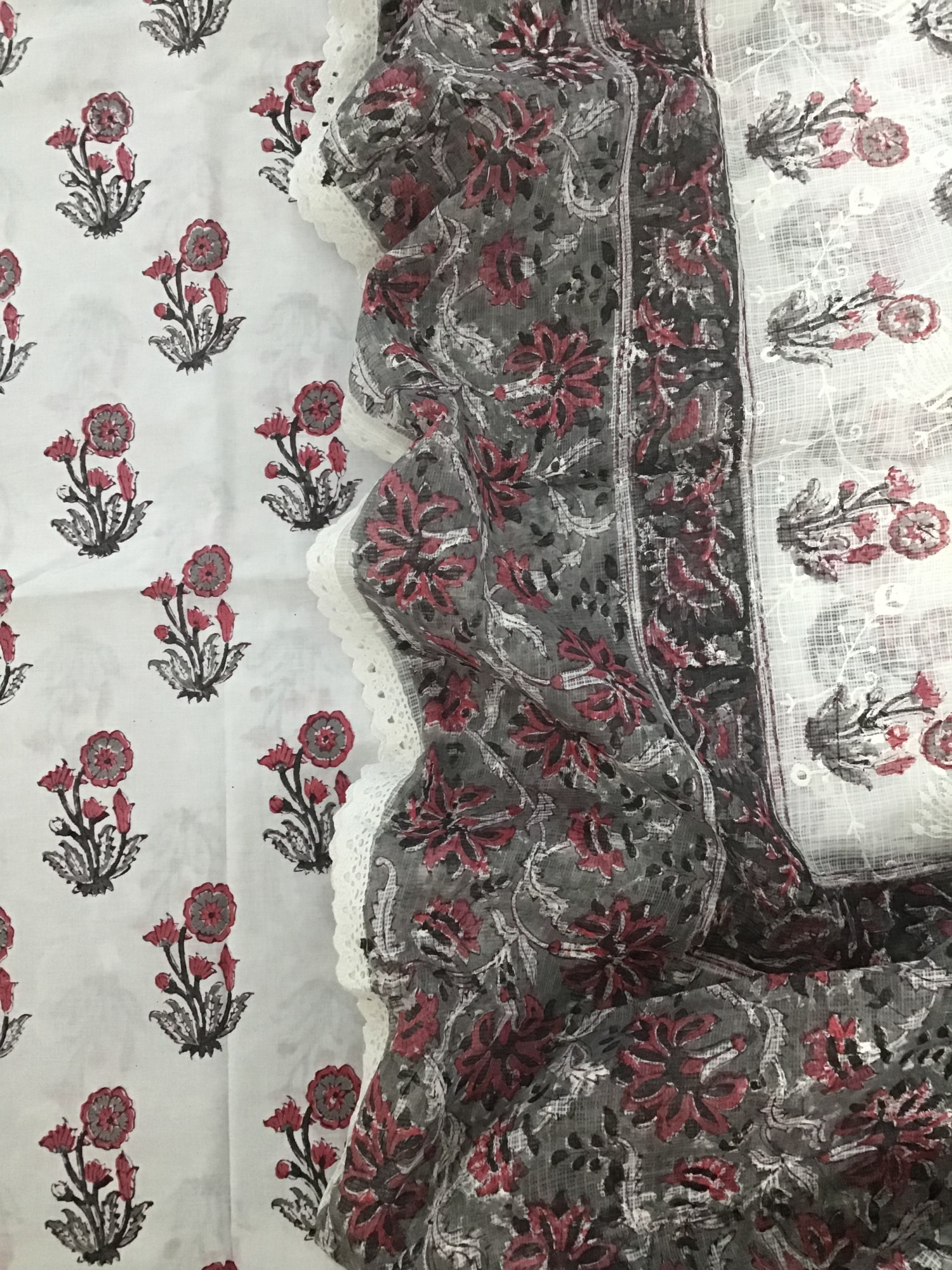 Pure Cotton Printed Embroidered Suit - WhiteGrey