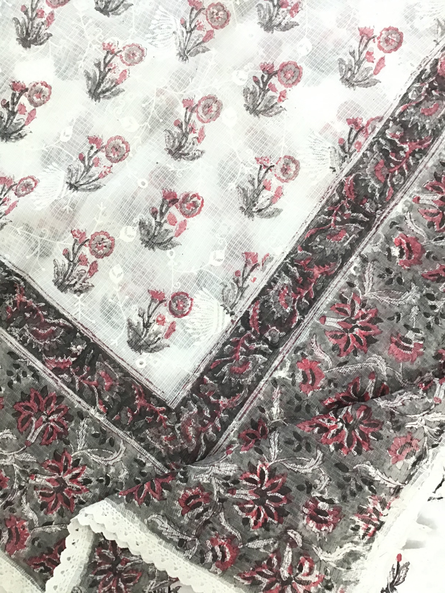 Pure Cotton Printed Embroidered Suit - WhiteGrey