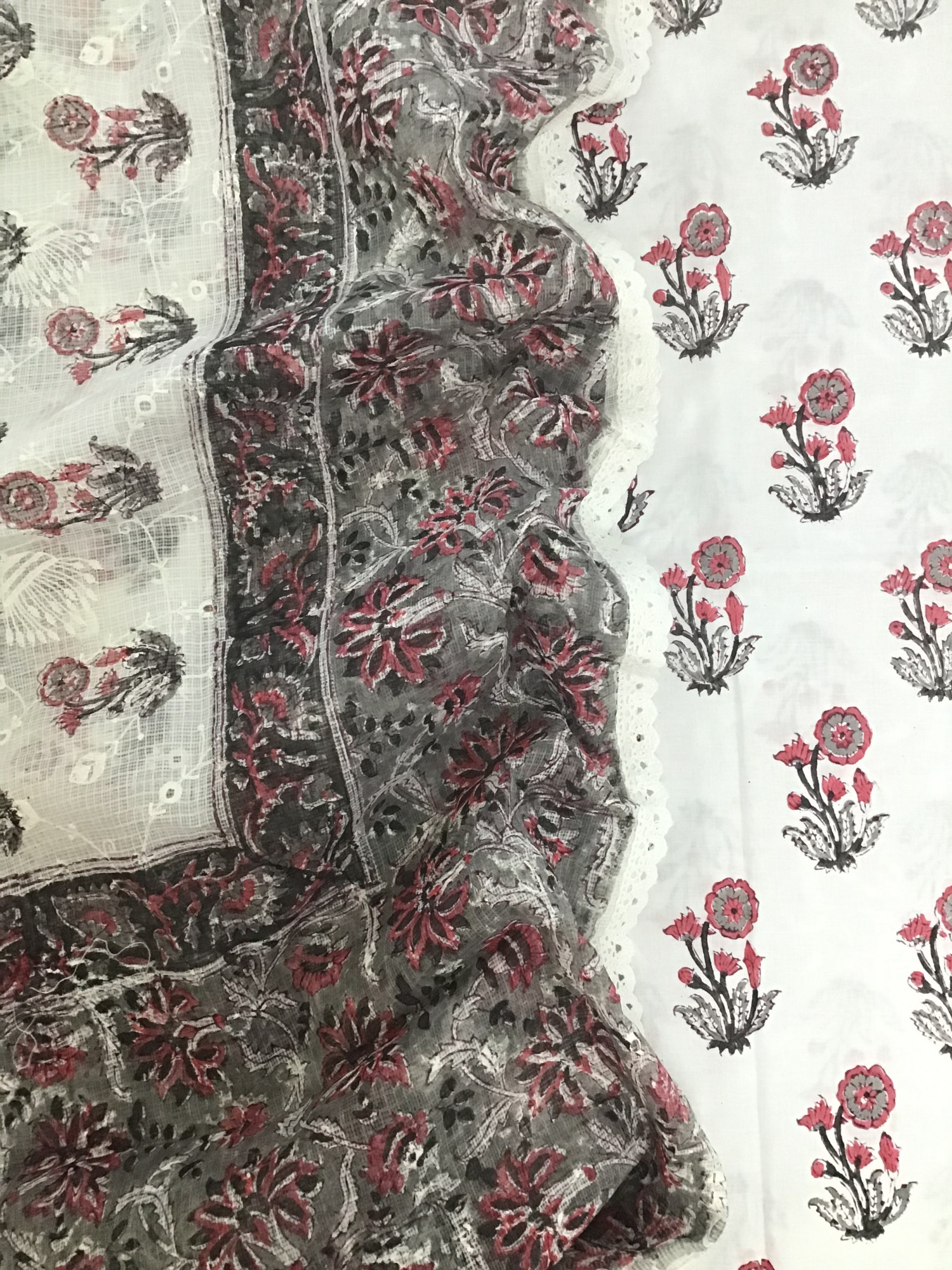 Pure Cotton Printed Embroidered Suit - WhiteGrey