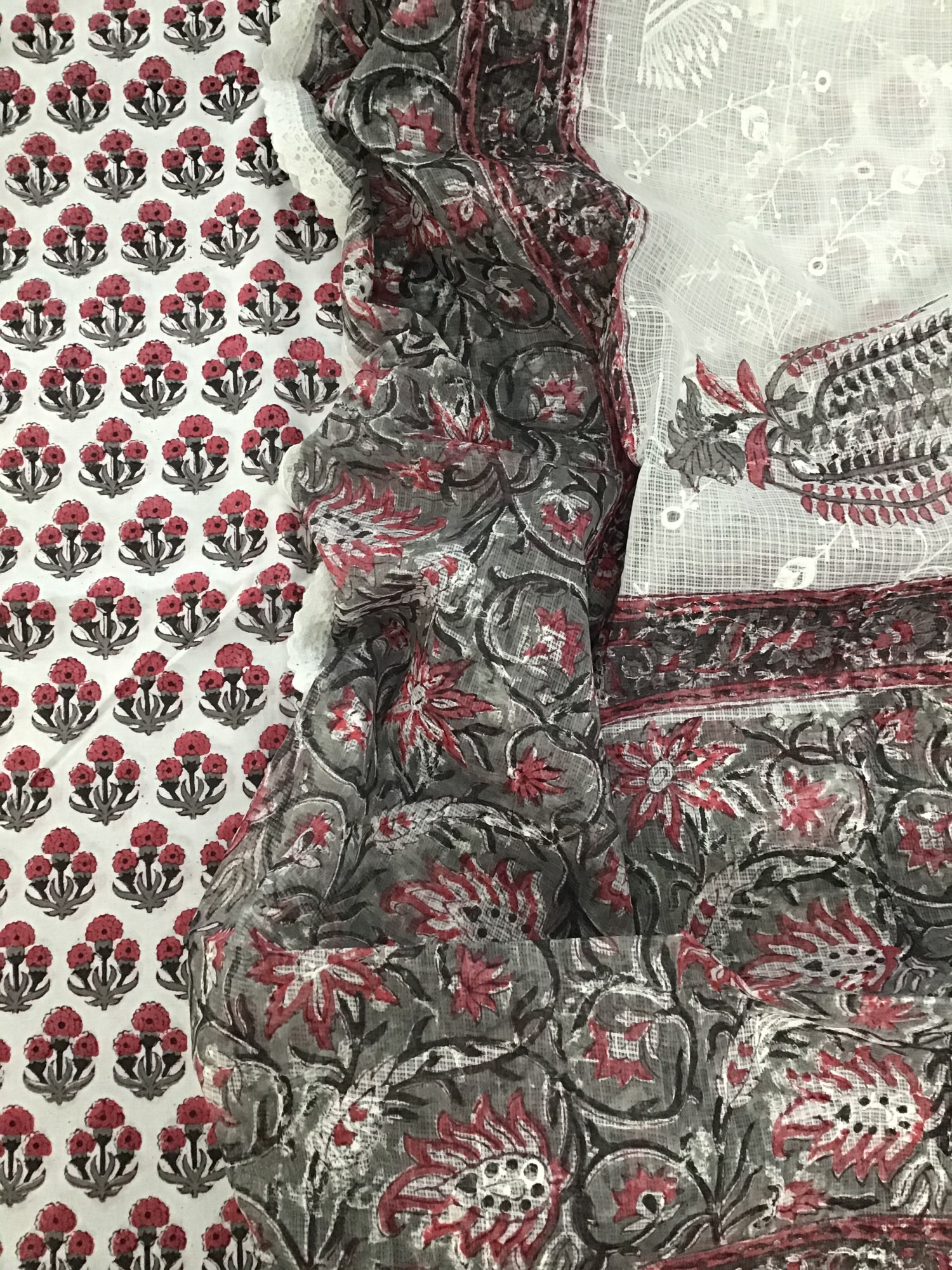 Pure Cotton Printed Embroidered Suit -WhiteGrey