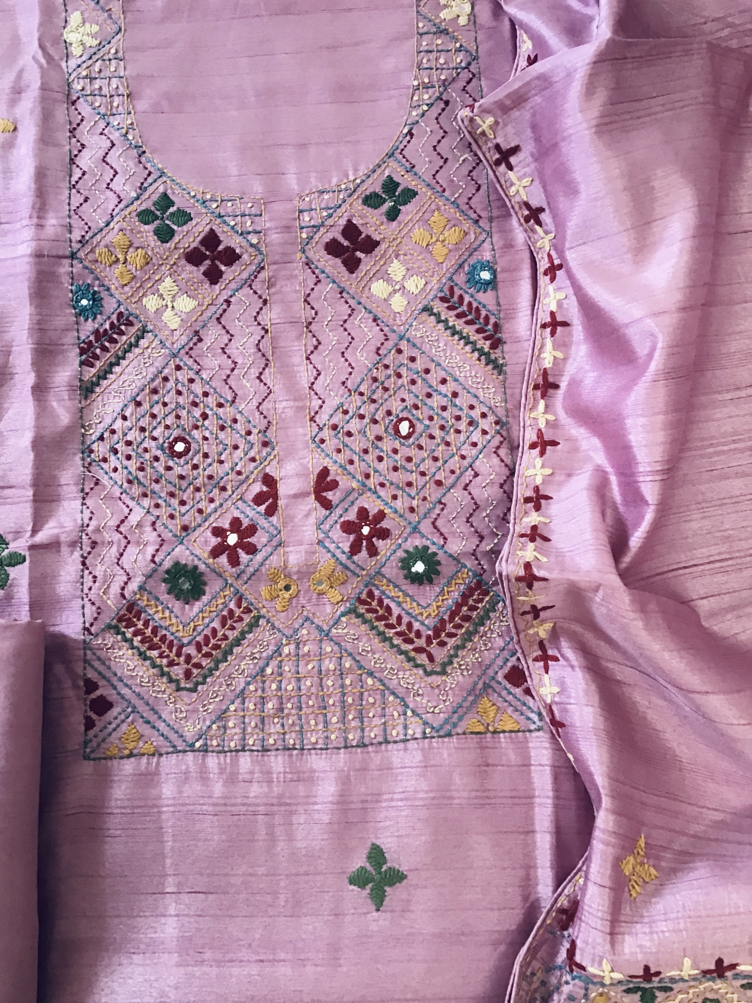 Soft Semi Tussar Silk Embroidered Suit -Pink