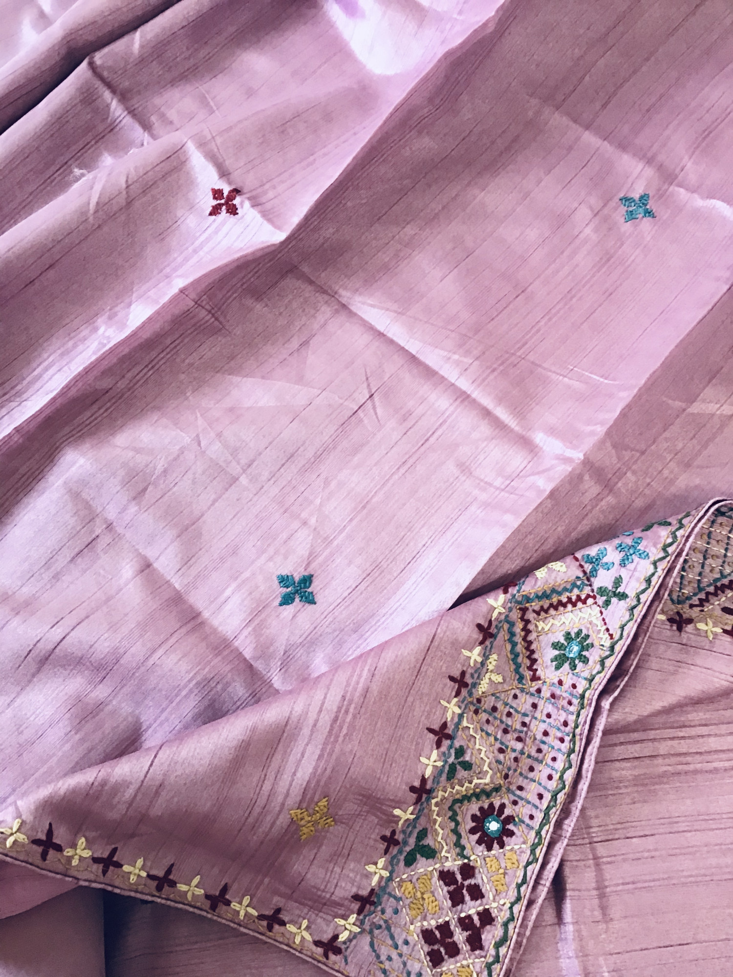 Soft Semi Tussar Silk Embroidered Suit -Pink