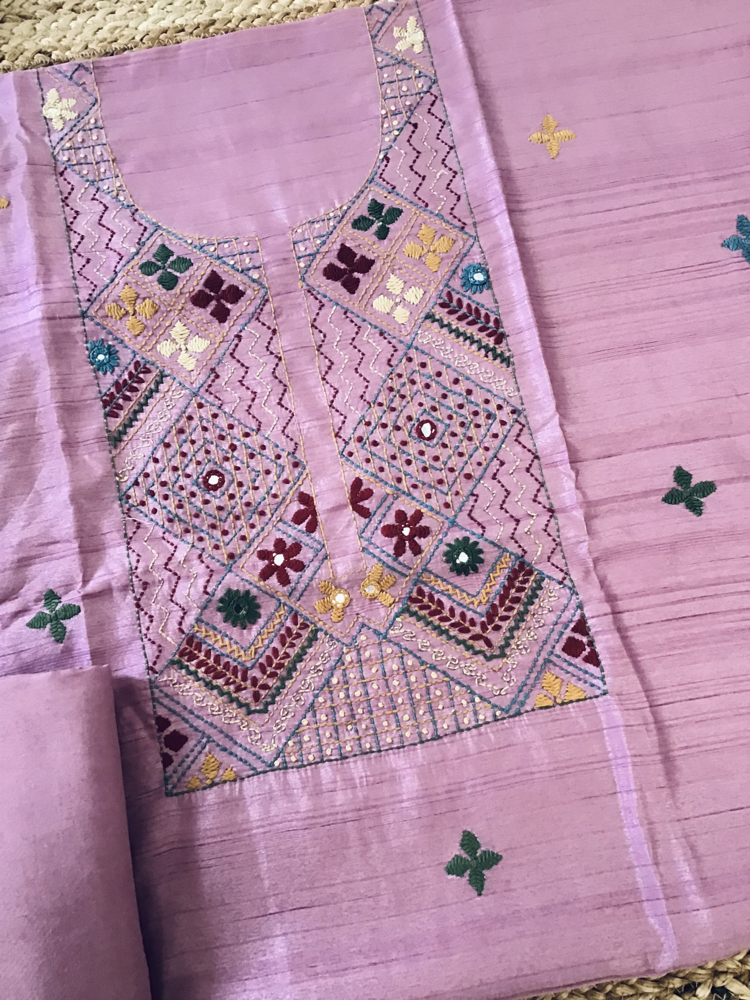 Soft Semi Tussar Silk Embroidered Suit -Pink