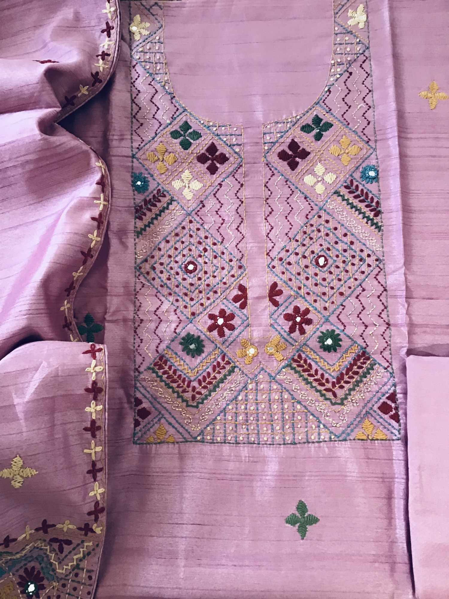 Soft Semi Tussar Silk Embroidered Suit -Pink