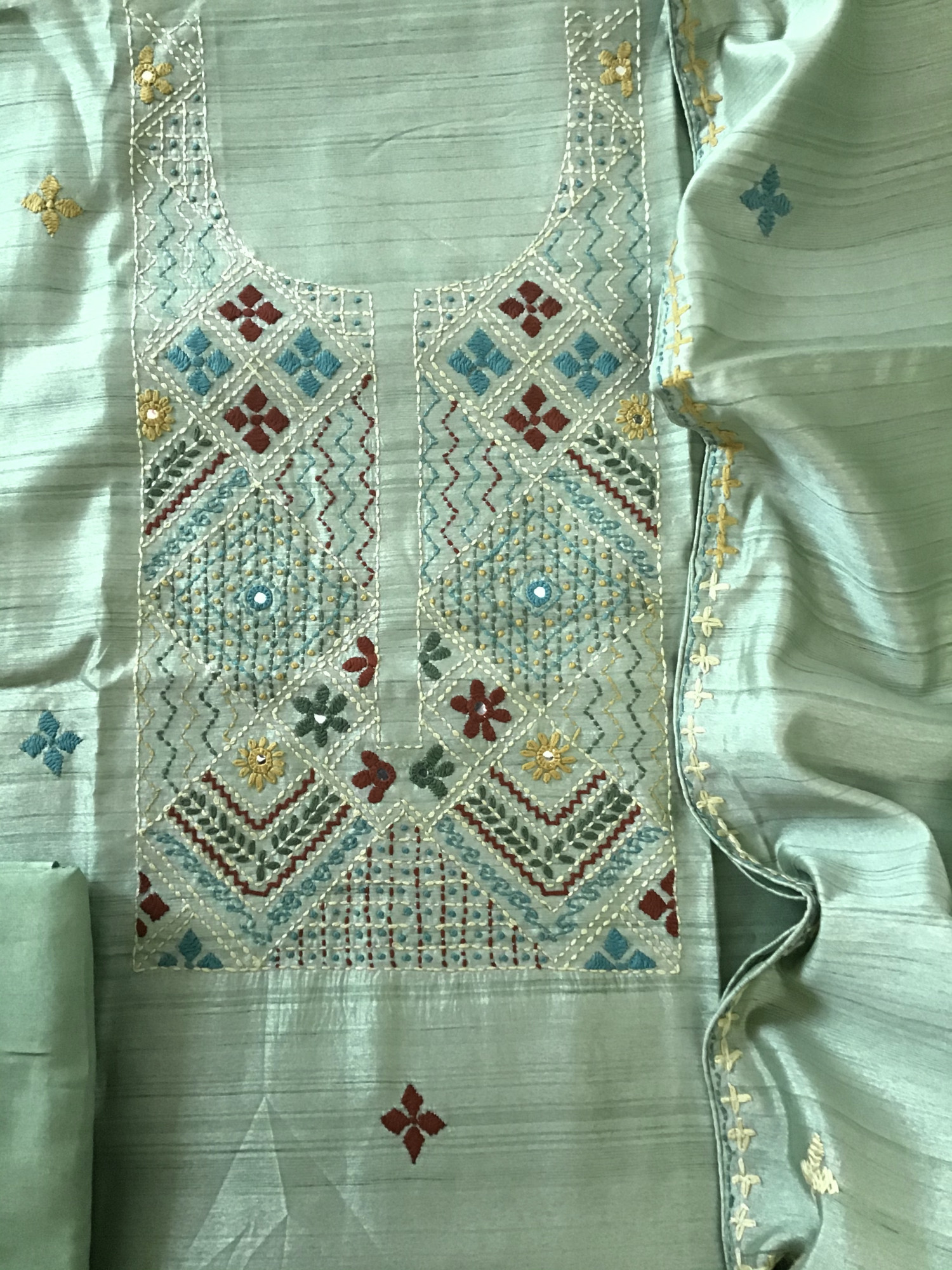 Soft Semi Tussar Silk Embroidered Suit -Green