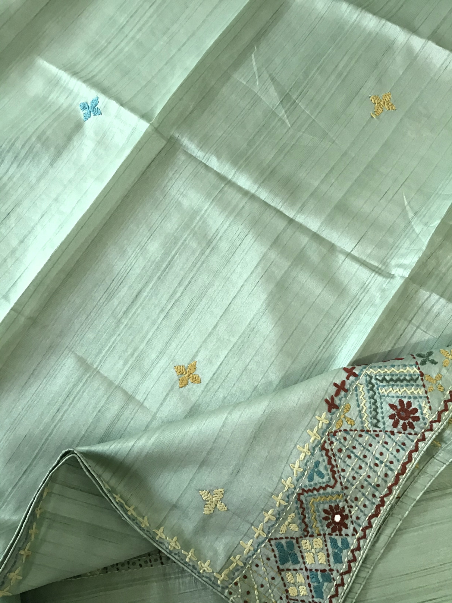 Soft Semi Tussar Silk Embroidered Suit -Green