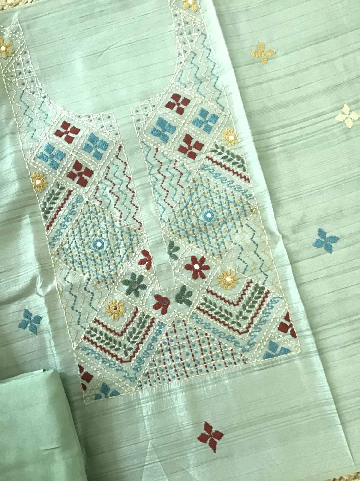 Soft Semi Tussar Silk Embroidered Suit -Green