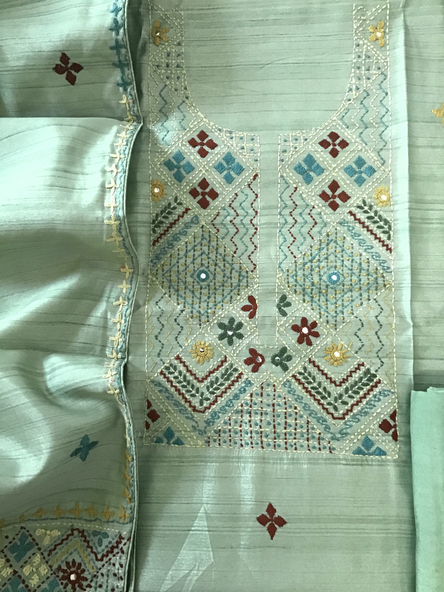 Soft Semi Tussar Silk Embroidered Suit -Green