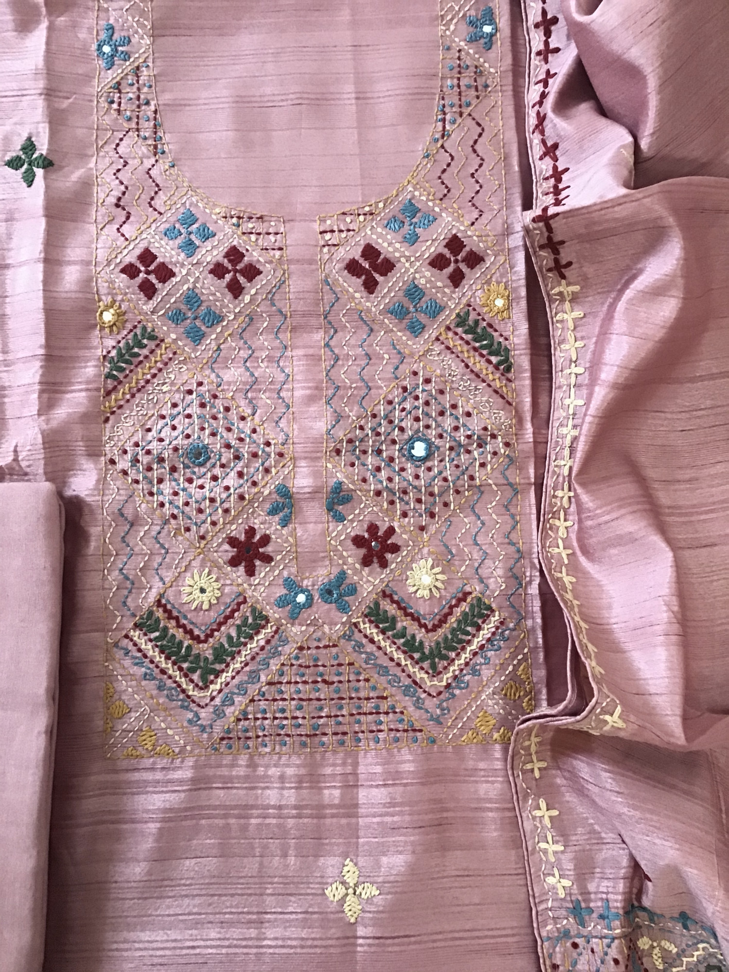 Soft Semi Tussar Silk Embroidered Suit -Onion Pink