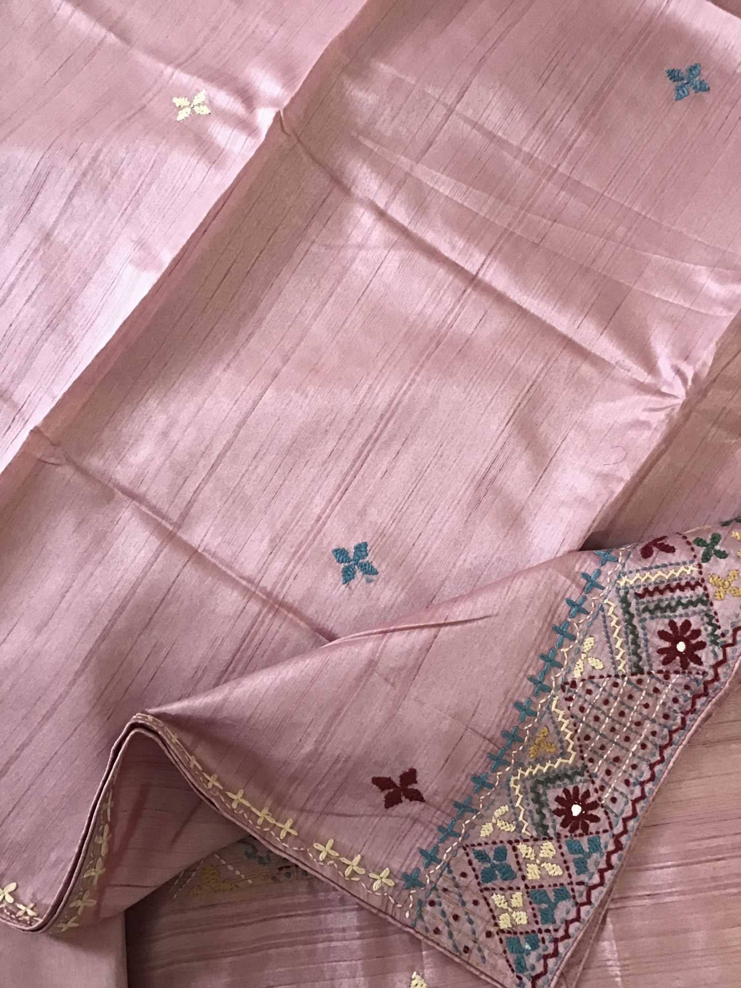 Soft Semi Tussar Silk Embroidered Suit -Onion Pink
