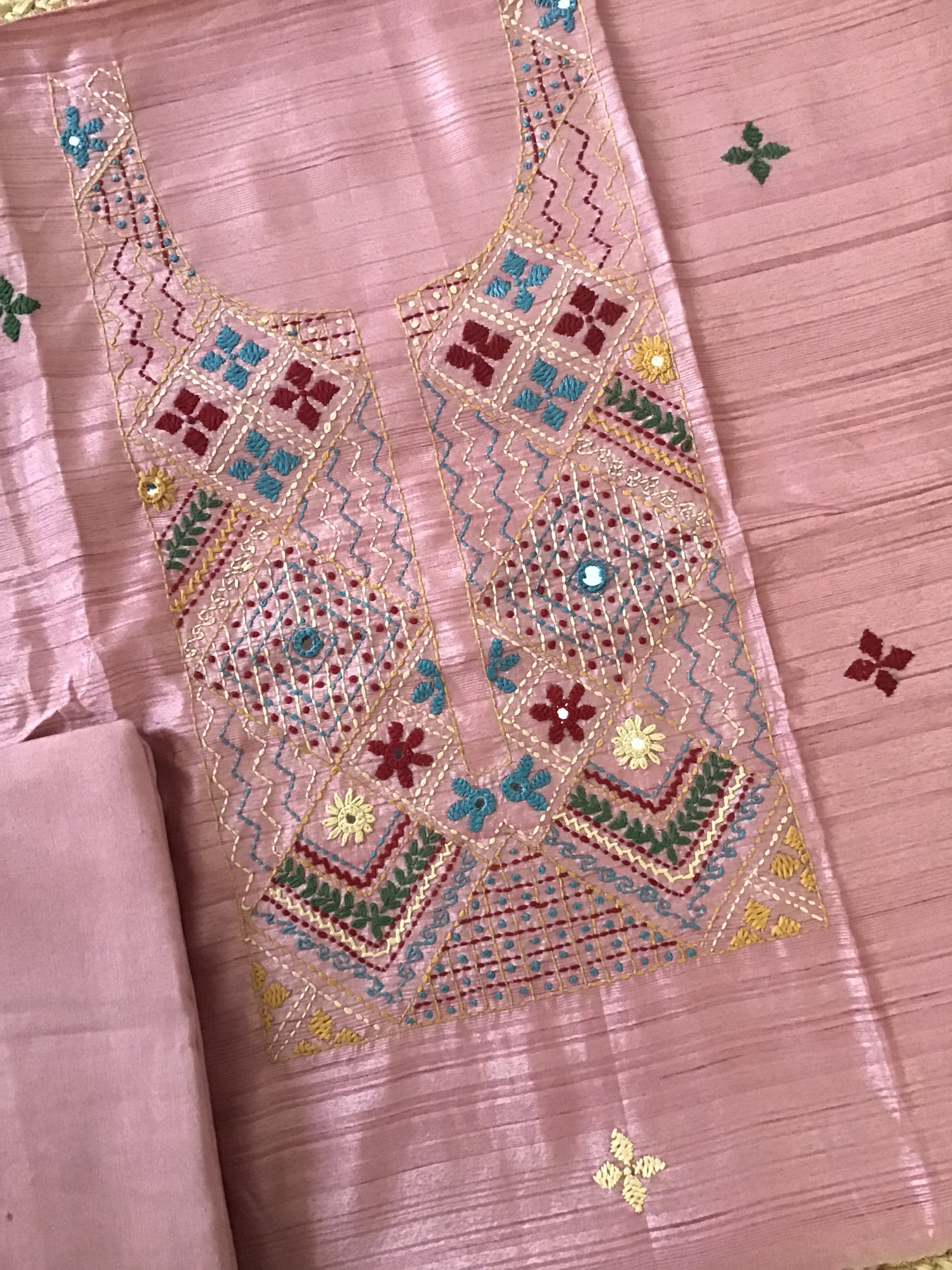 Soft Semi Tussar Silk Embroidered Suit -Onion Pink