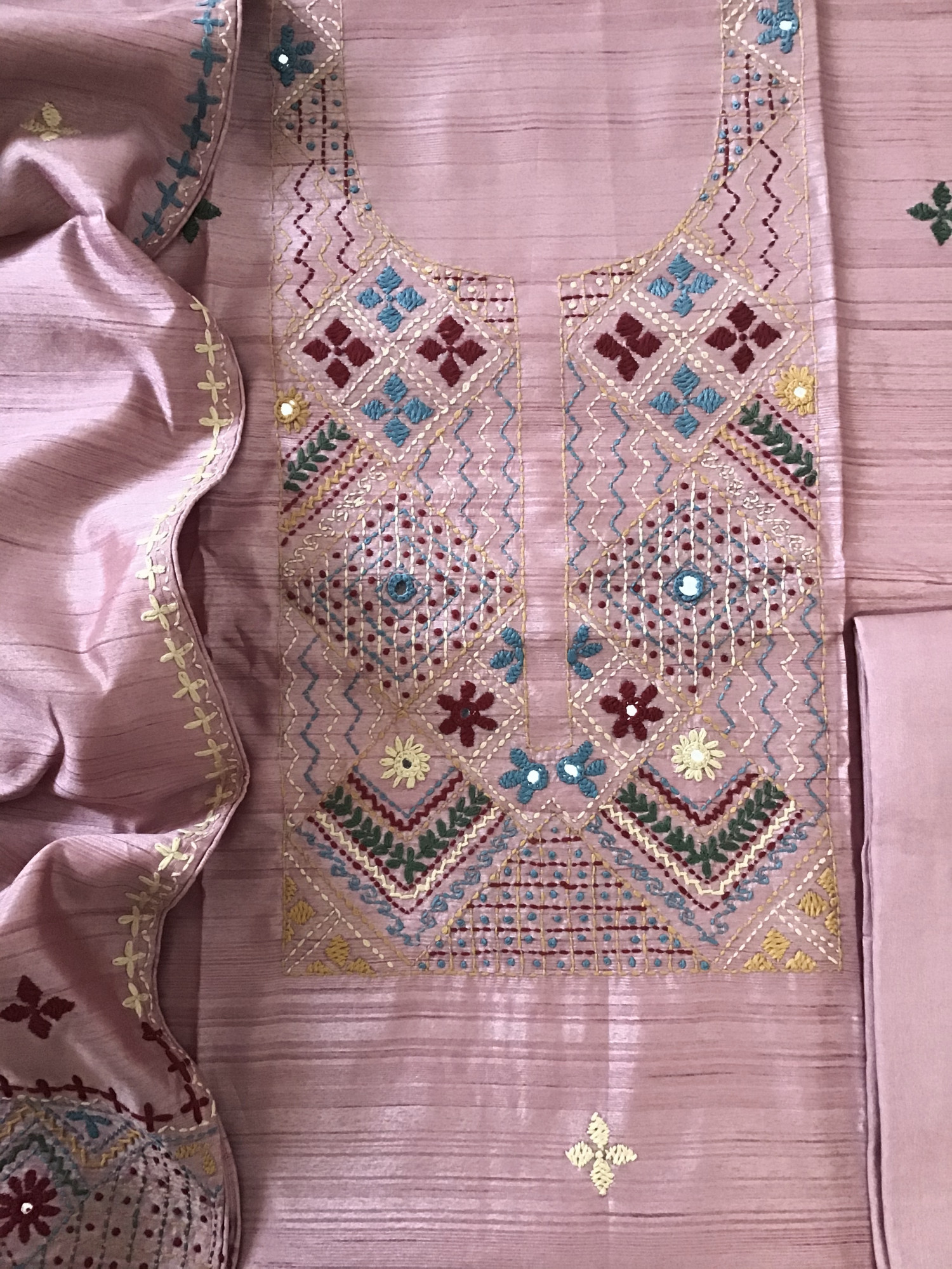 Soft Semi Tussar Silk Embroidered Suit -Onion Pink