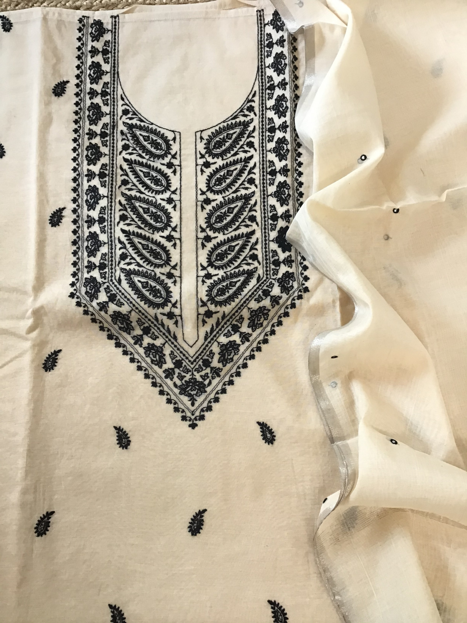 Pure Chanderi Embroidered Suit - Beige