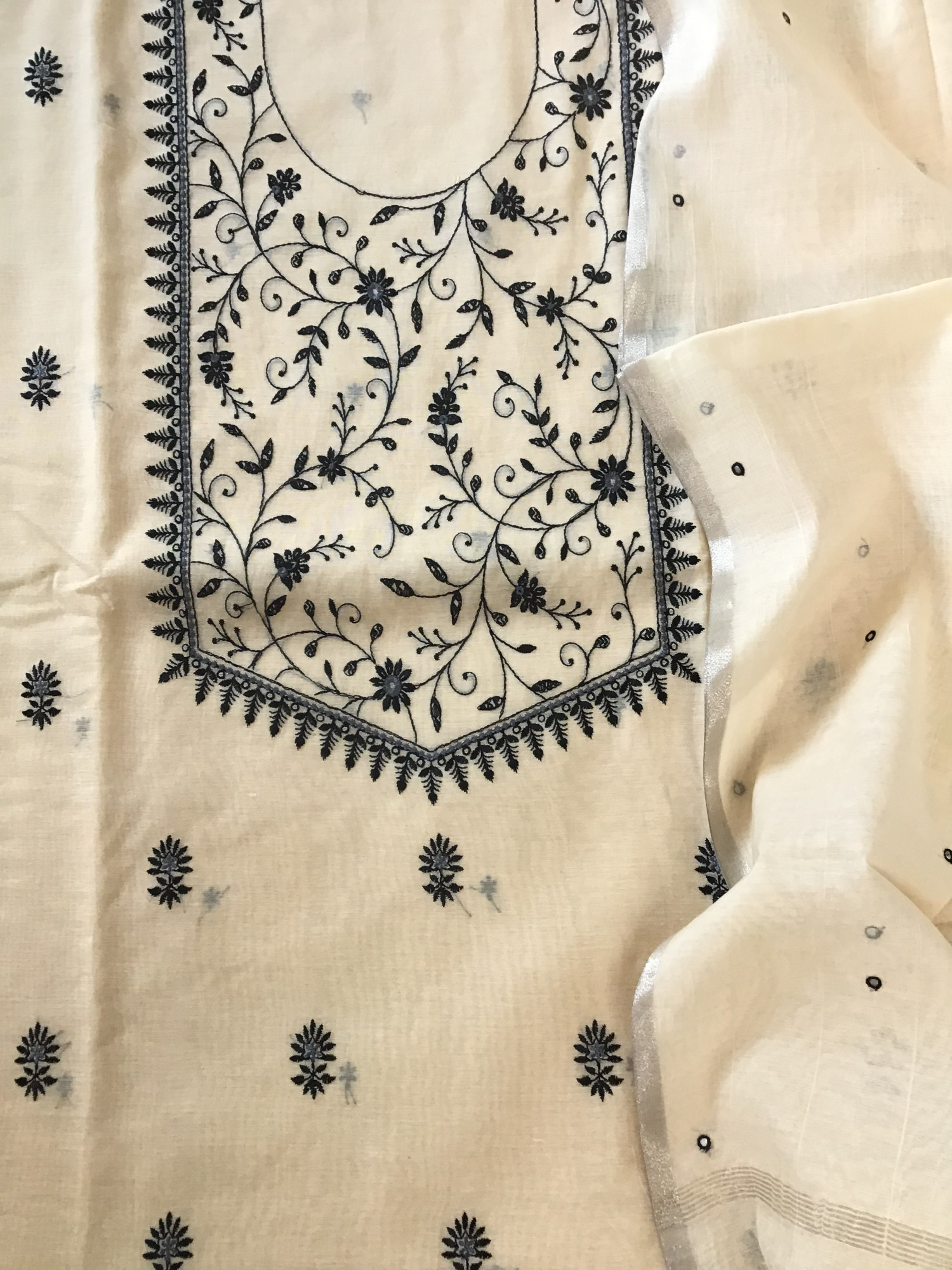 Pure Chanderi Embroidered Suit - Beige